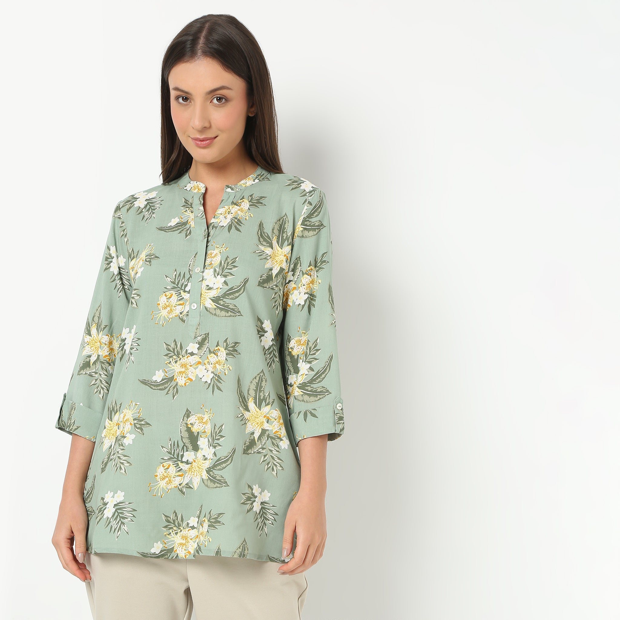 Band Neck Short Length Three-Fourth Sleeve Printed Straight Fit Kurta