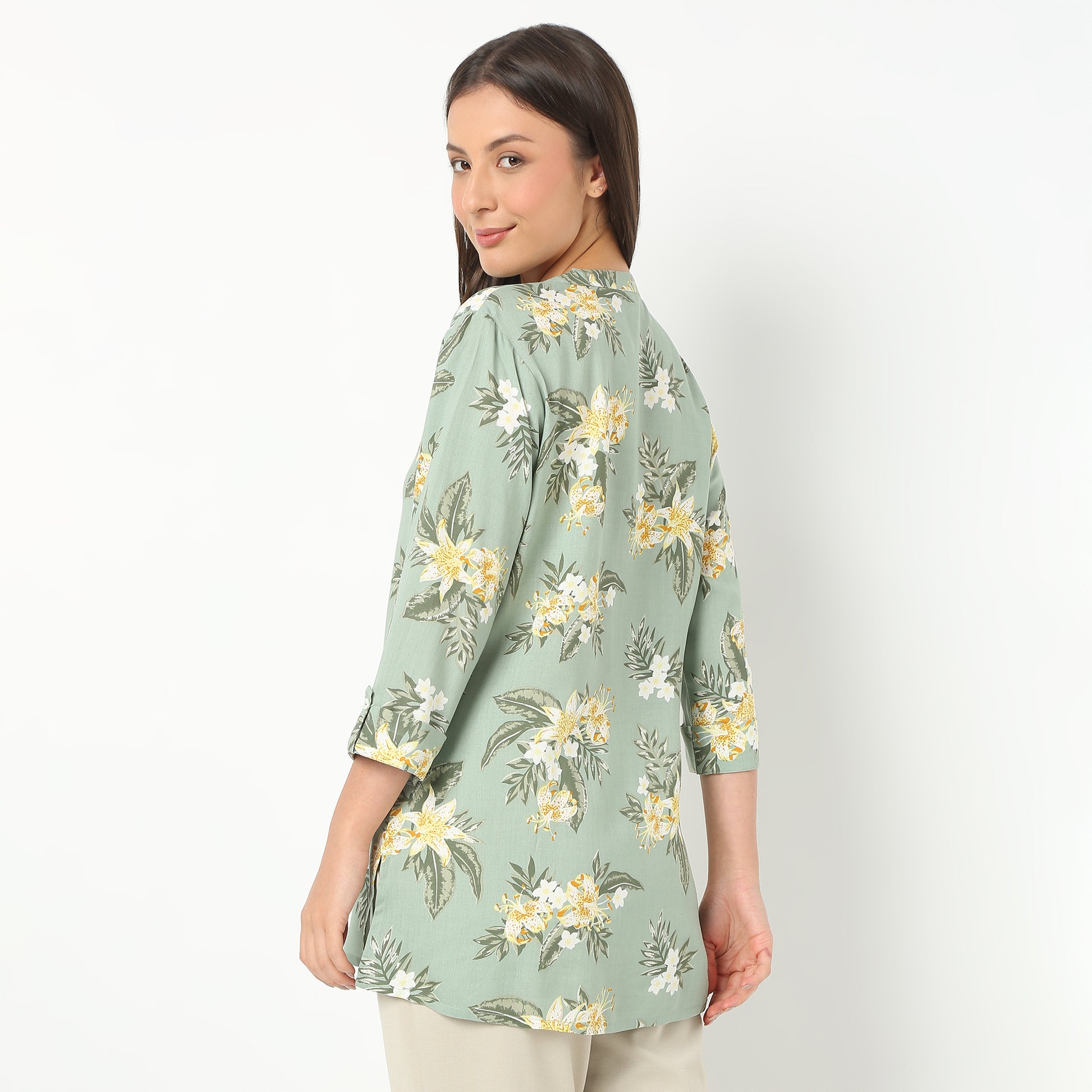 Band Neck Short Length Three-Fourth Sleeve Printed Straight Fit Kurta