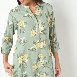 Band Neck Short Length Three-Fourth Sleeve Printed Straight Fit Kurta