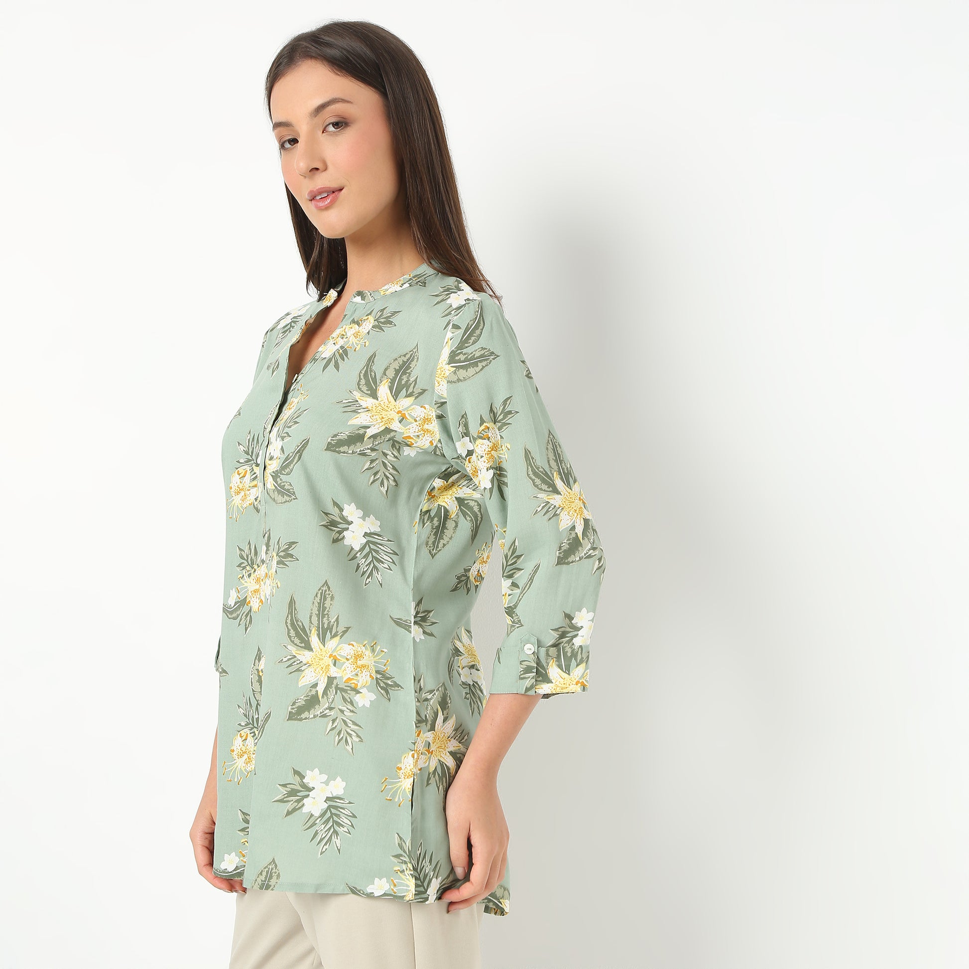 Band Neck Short Length Three-Fourth Sleeve Printed Straight Fit Kurta