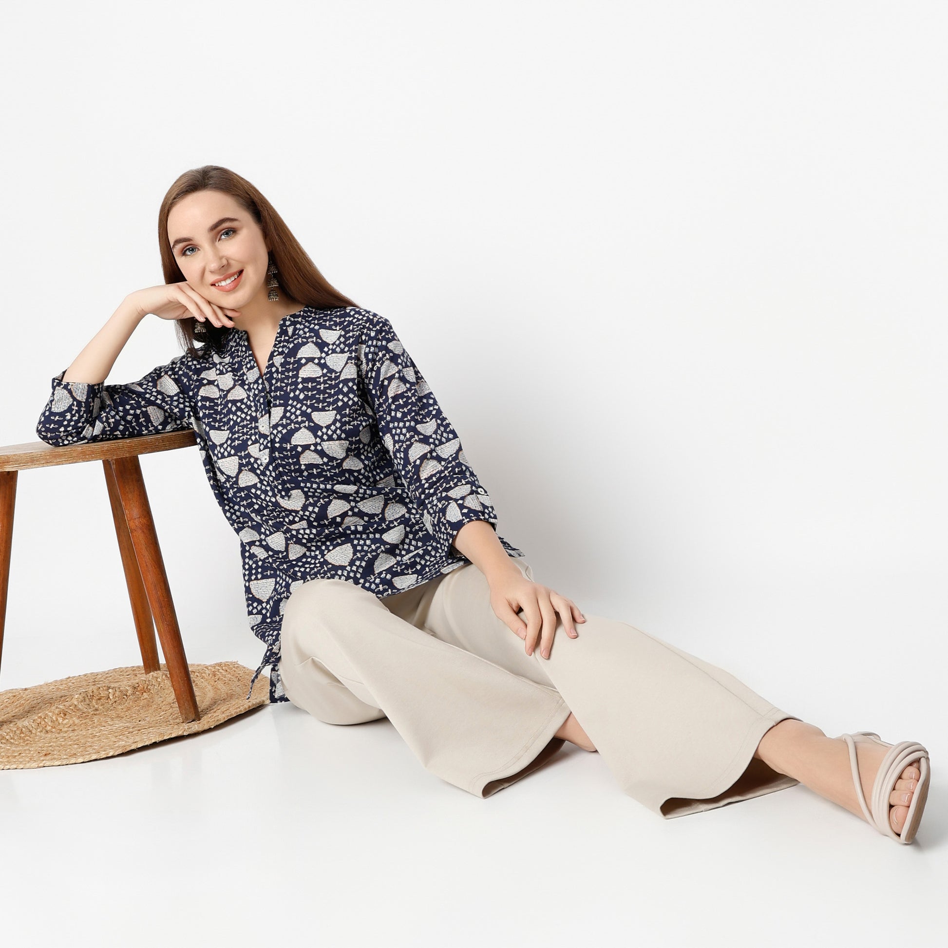 Straight Fit Printed Band Neck Kurta