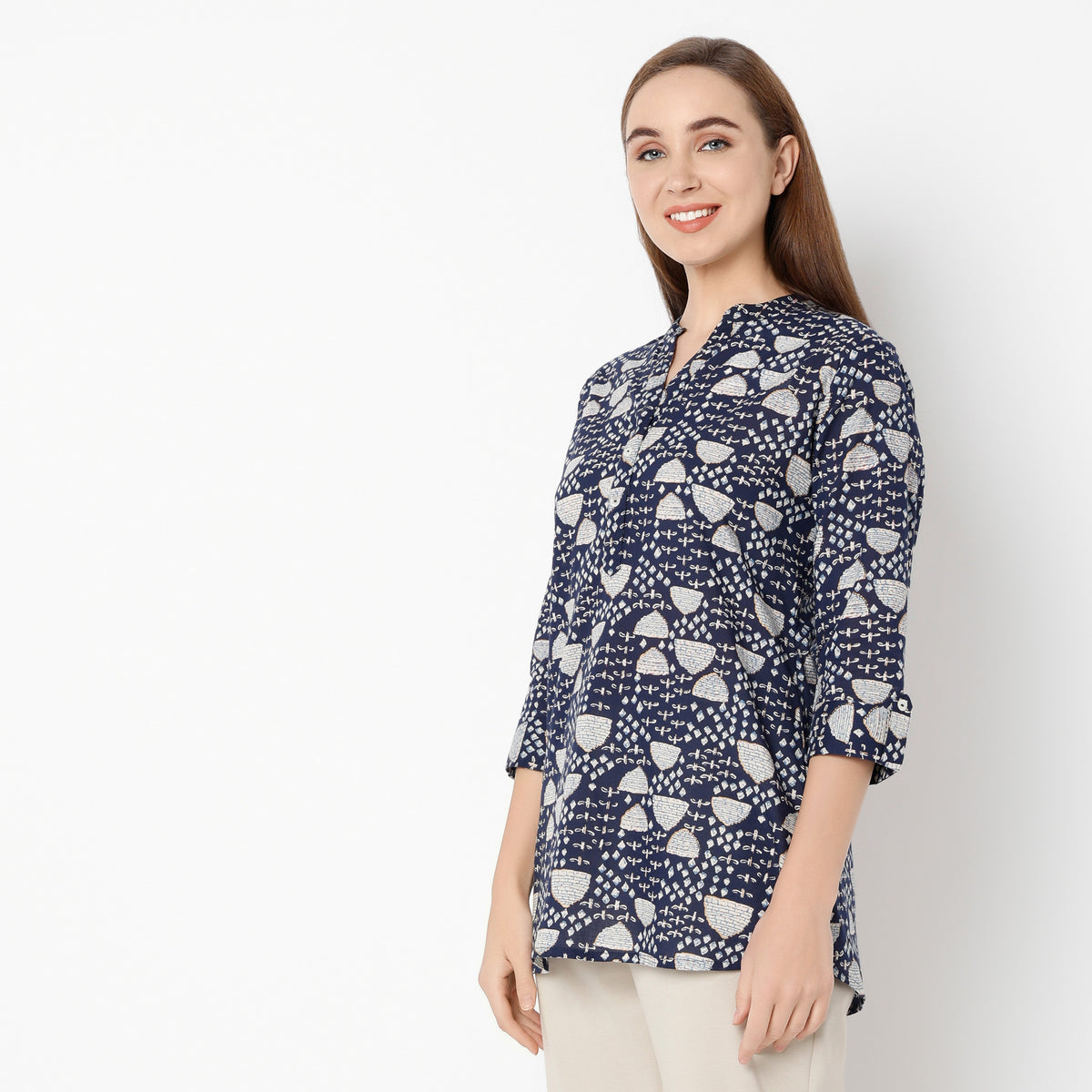 Straight Fit Printed Band Neck Kurta