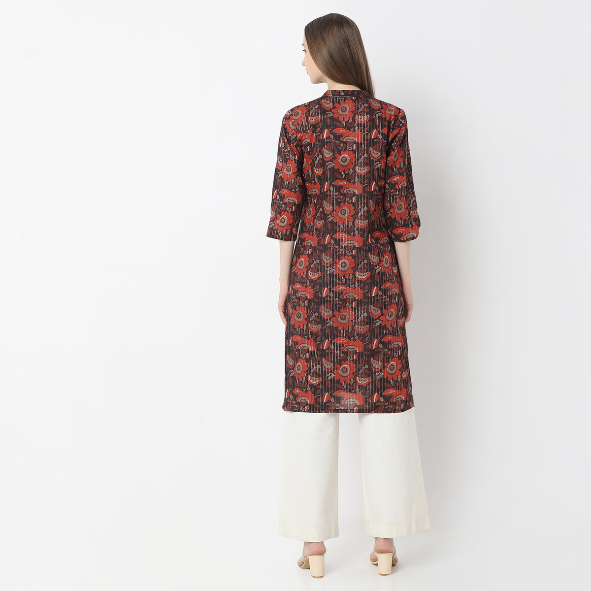 Below Knee Printed V-Neck Straight Kurta