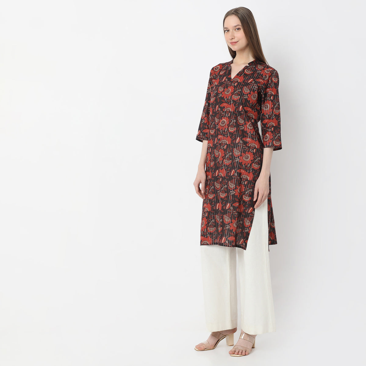 Below Knee Printed V-Neck Straight Kurta