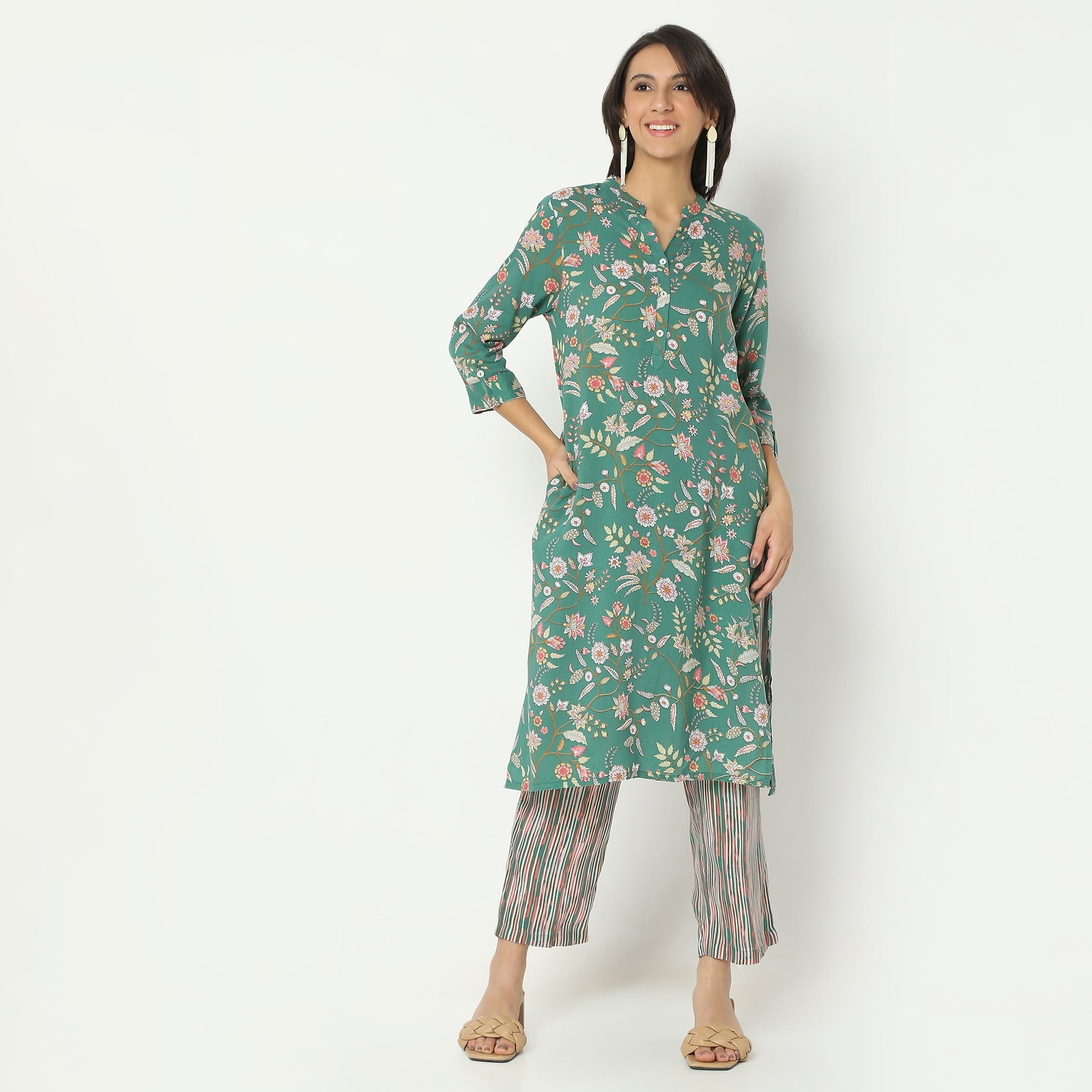 Straight Fit Printed Band Neck Calf Length Kurta