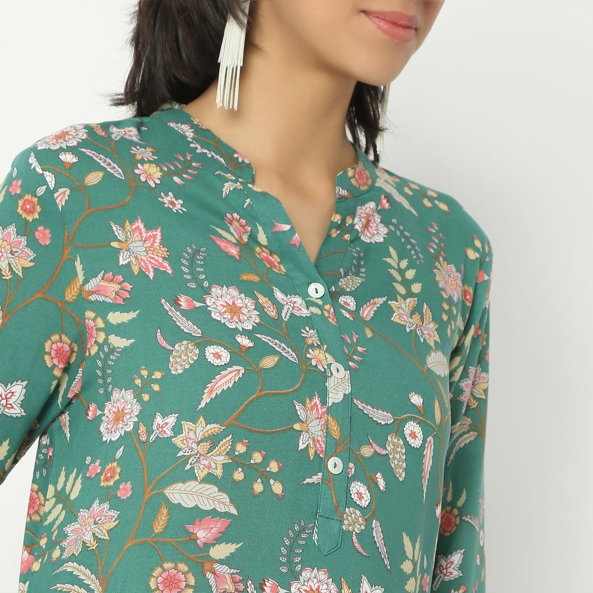 Straight Fit Printed Band Neck Calf Length Kurta