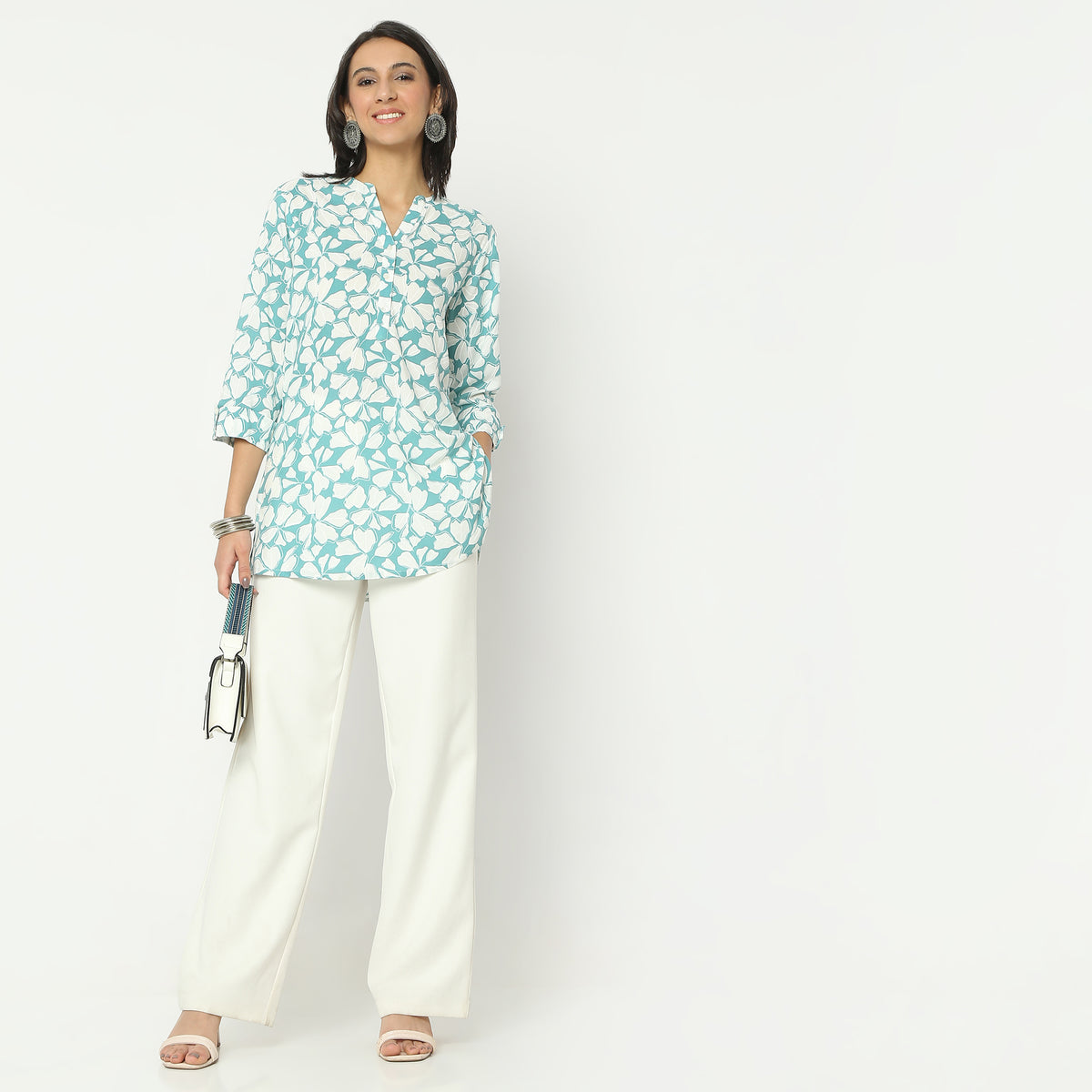 Straight Fit Printed Band Collar Above Knee Kurta