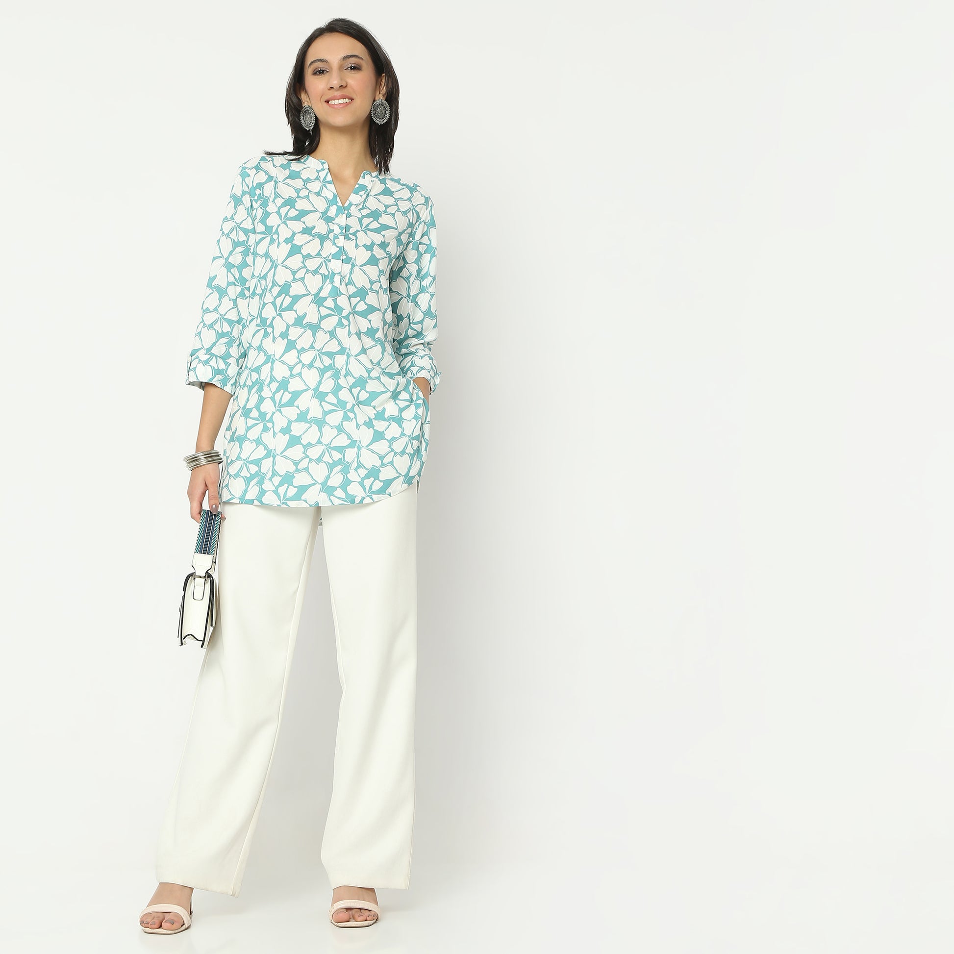 Straight Fit Printed Band Collar Above Knee Kurta