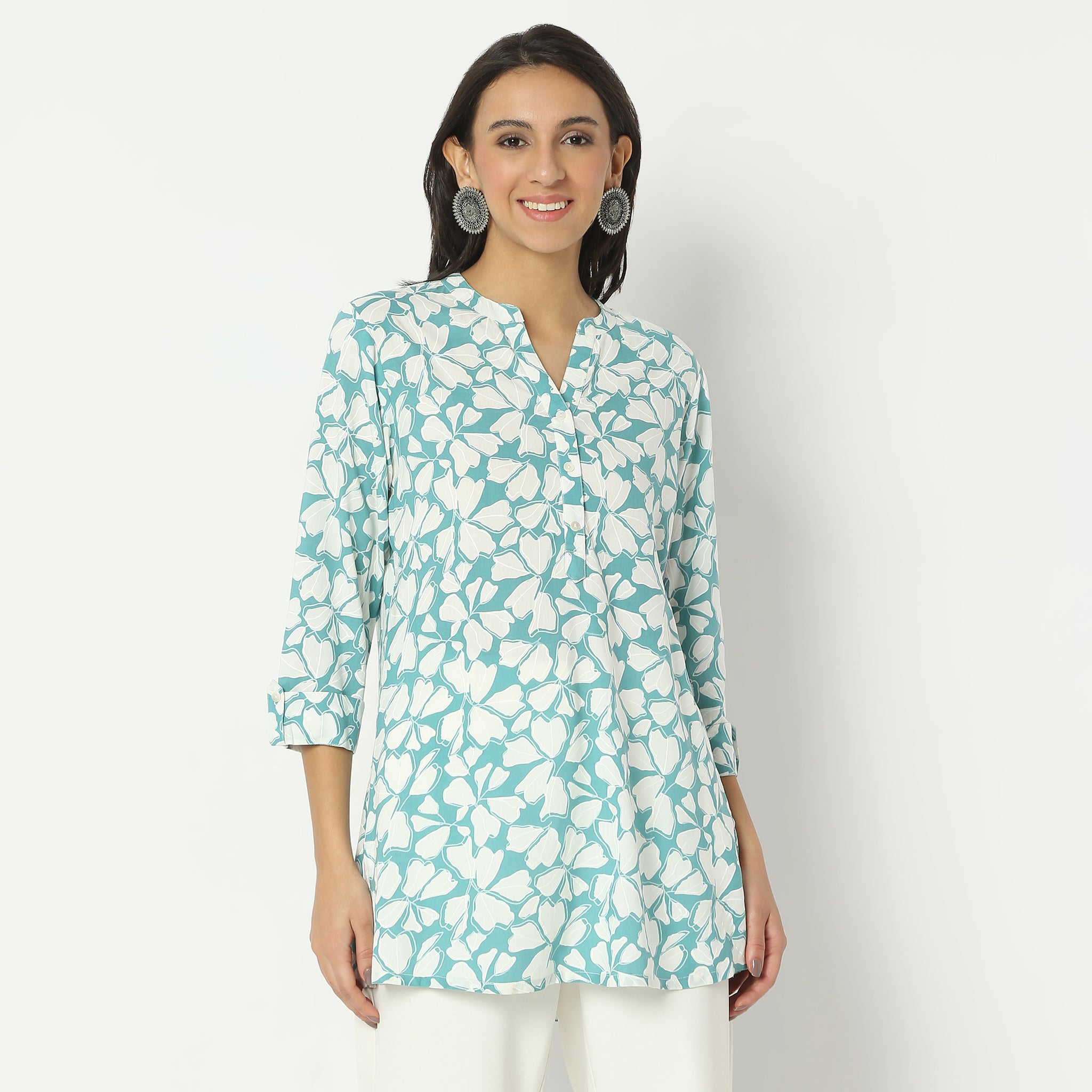 Straight Fit Printed Band Collar Above Knee Kurta