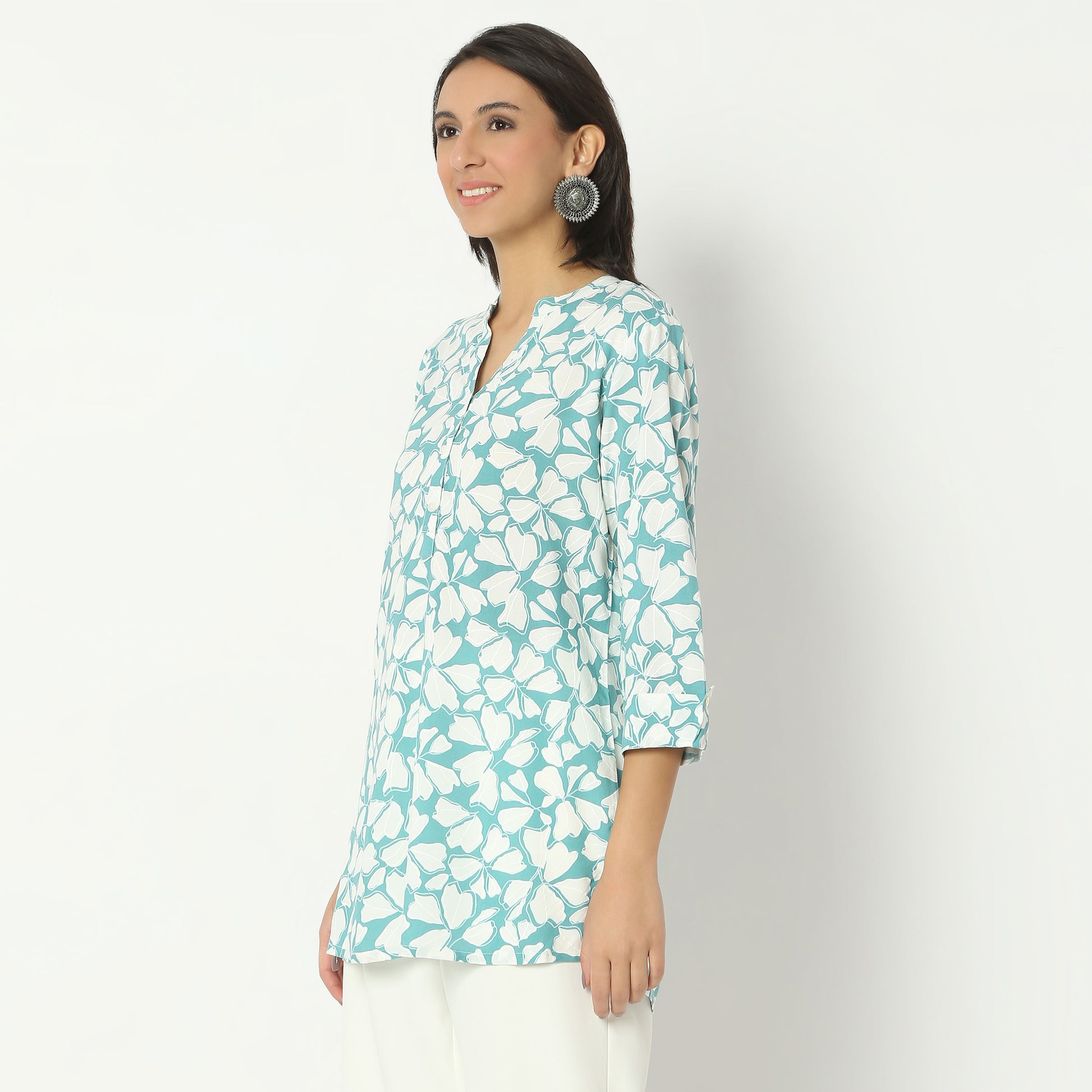 Straight Fit Printed Band Collar Above Knee Kurta