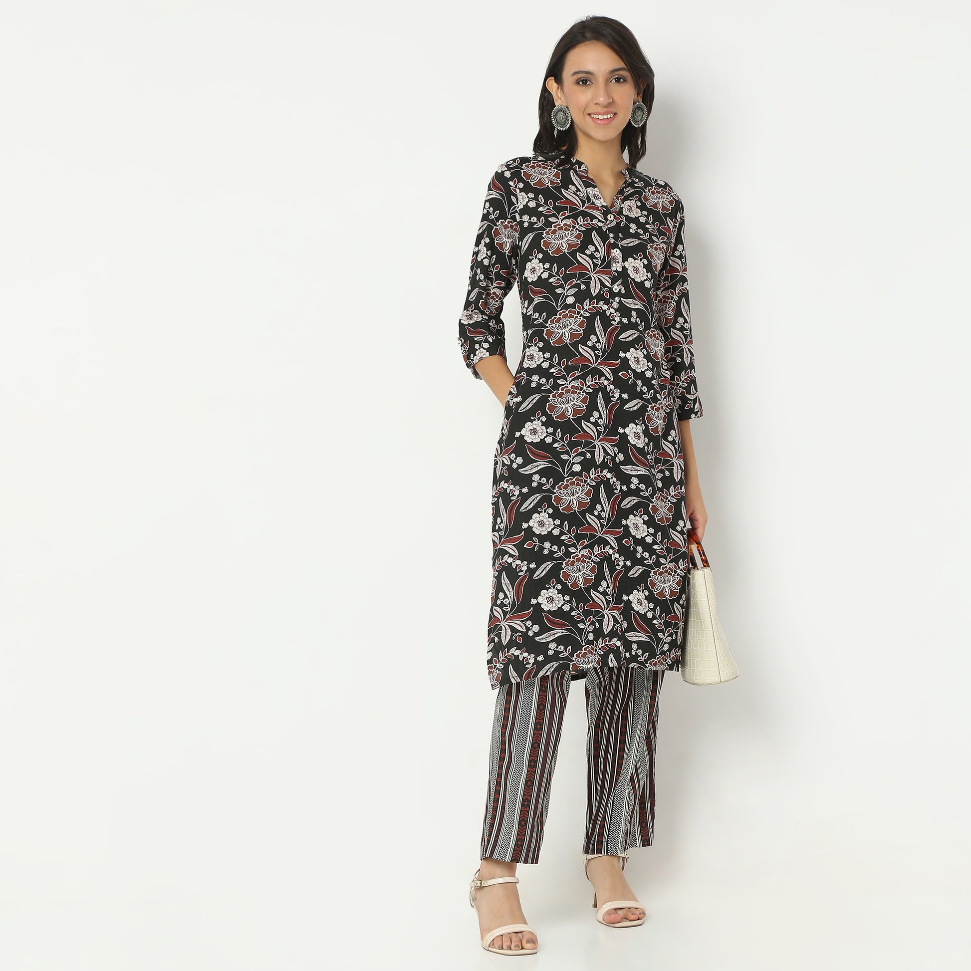 Regular Fit Printed Band Collar Below Knee Kurta