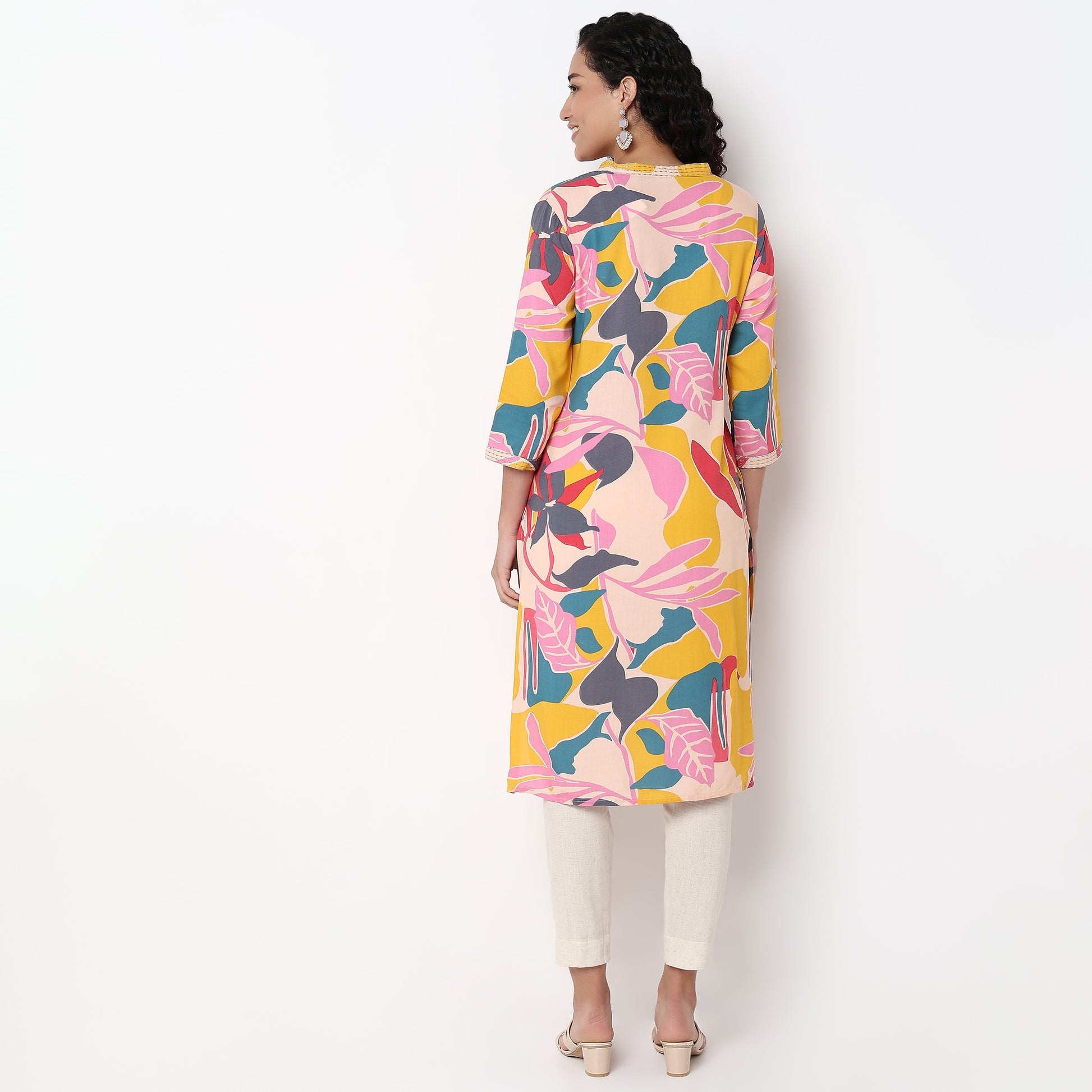 V-Neck Printed Calf Length Straight Kurta