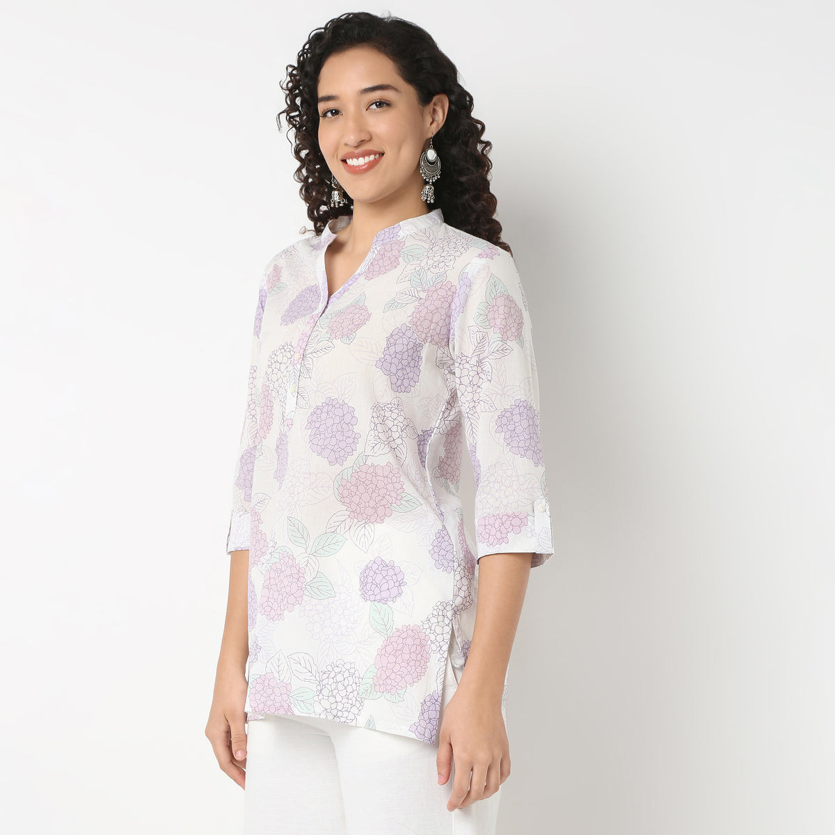 Band Neck Printed Short Kurti
