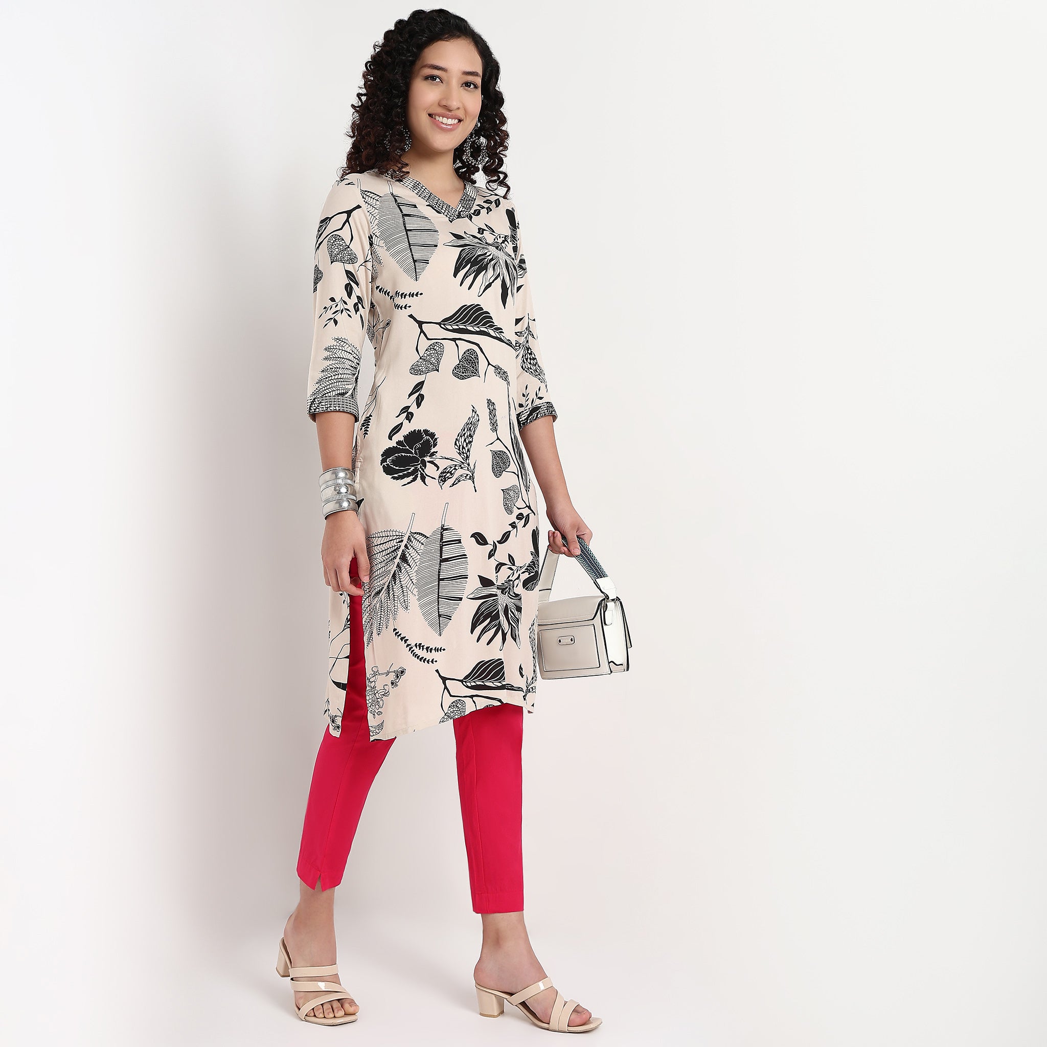 Printed V-Neck With Couching Straight Kurta
