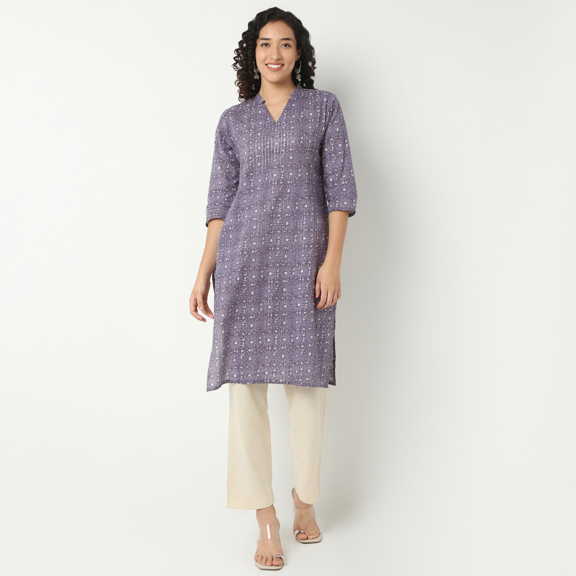 V-Neck Long Kurta With Notched Collar