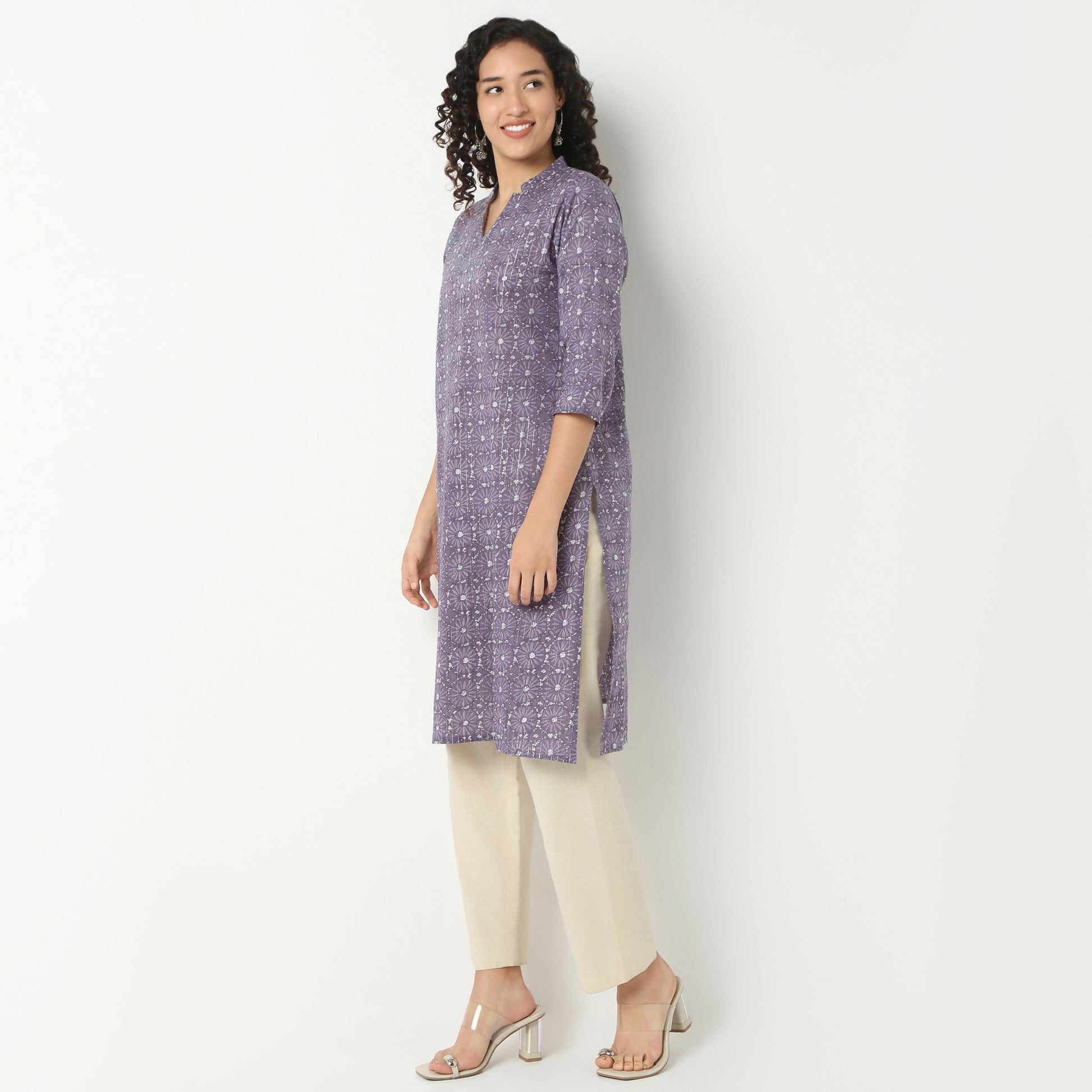 V-Neck Long Kurta With Notched Collar
