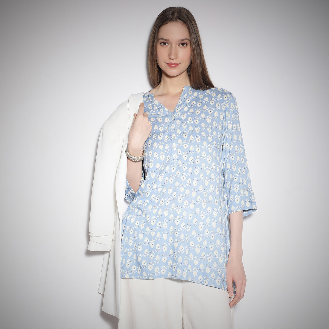 Straight Fit Printed Short Band Collar Printed Table Kurta