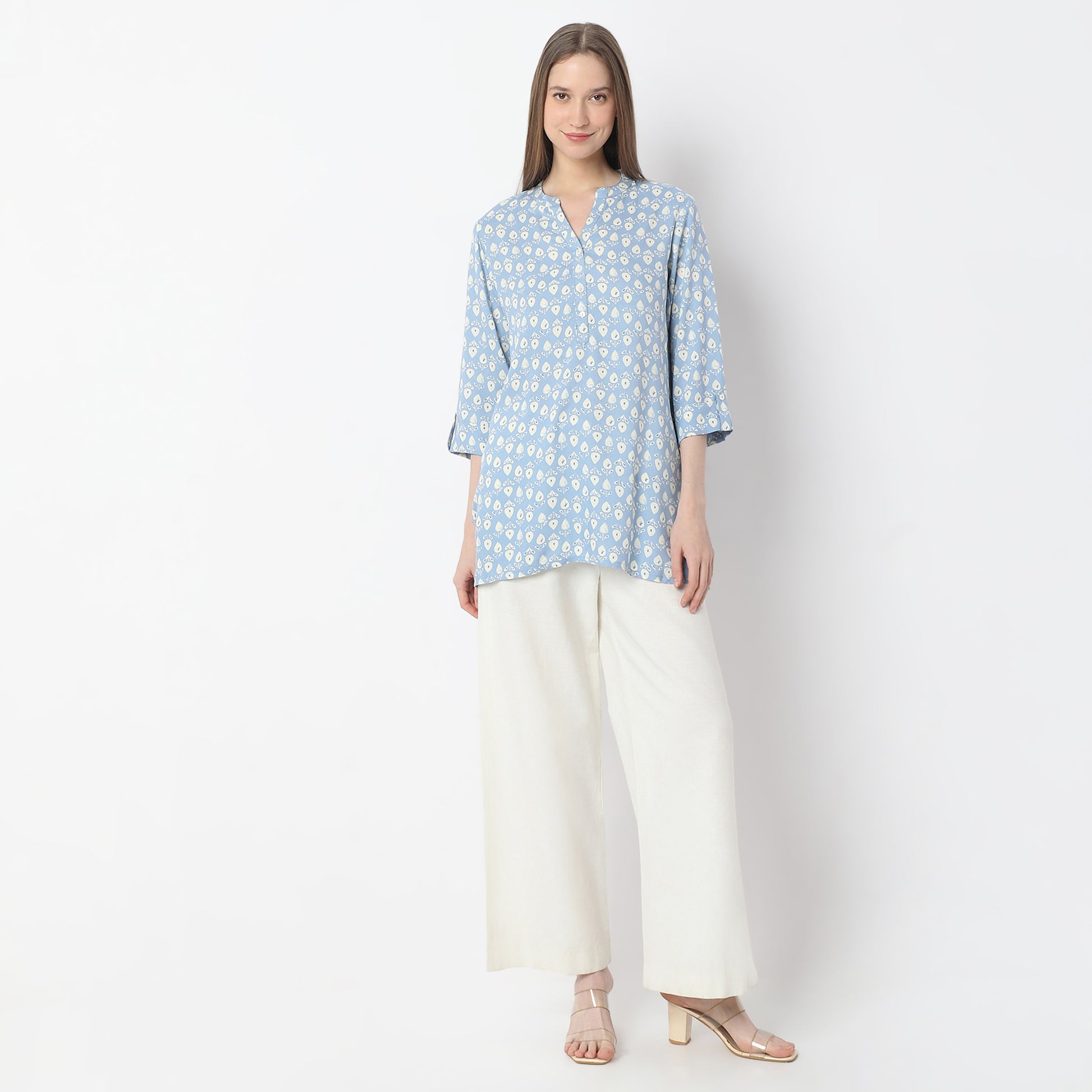 Straight Fit Printed Short Band Collar Printed Table Kurta