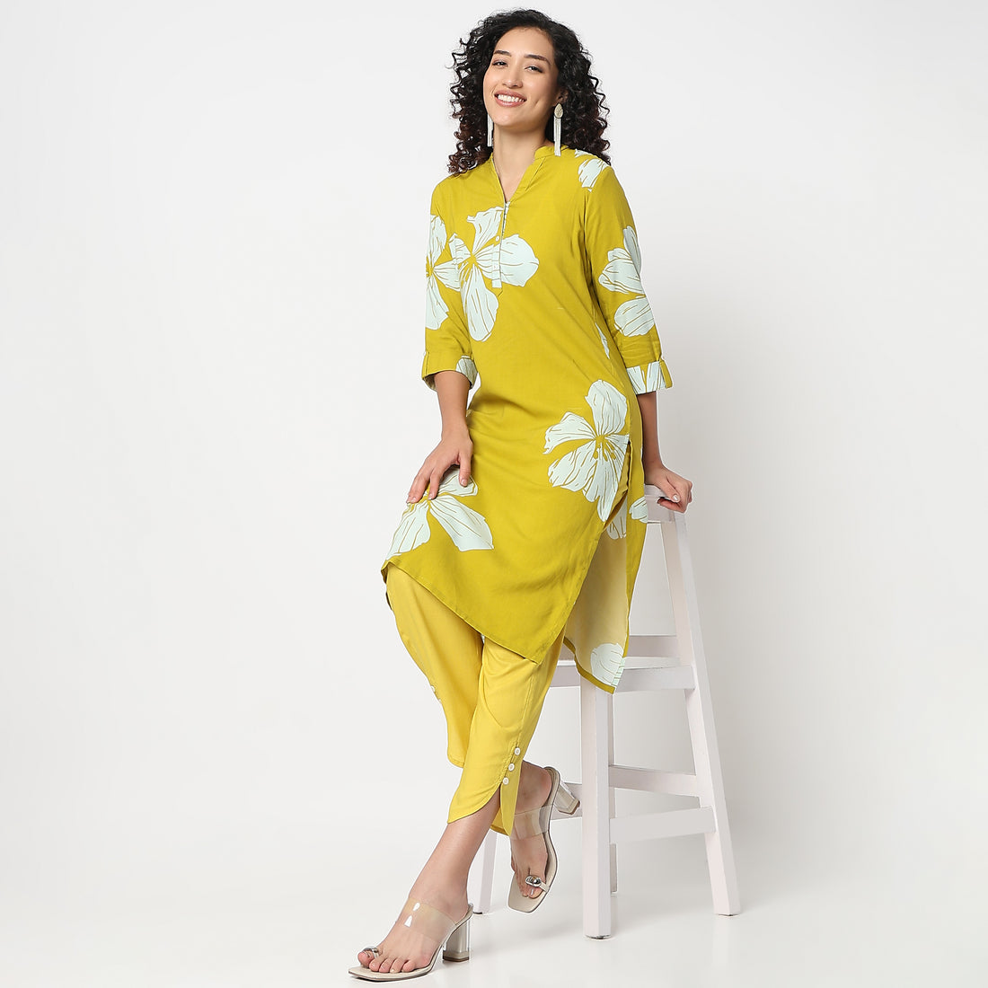 Straight Fit Band Collar Printed Half Placket Kurta