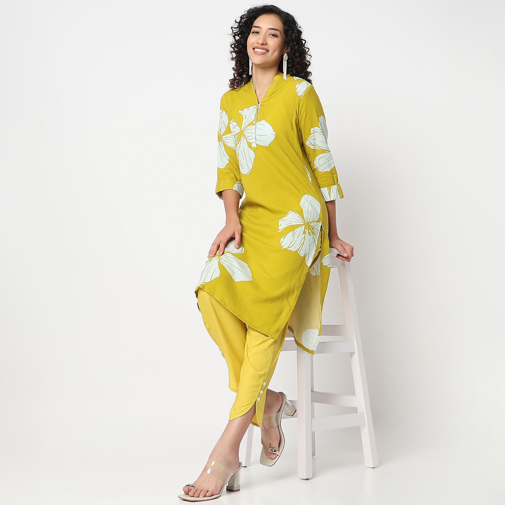 Straight Fit Band Collar Printed Half Placket Kurta