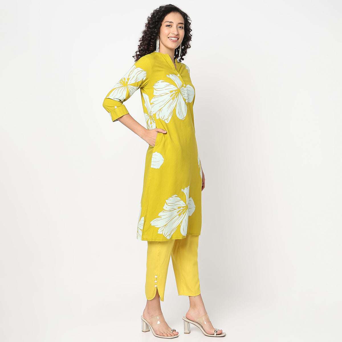 Straight Fit Band Collar Printed Half Placket Kurta
