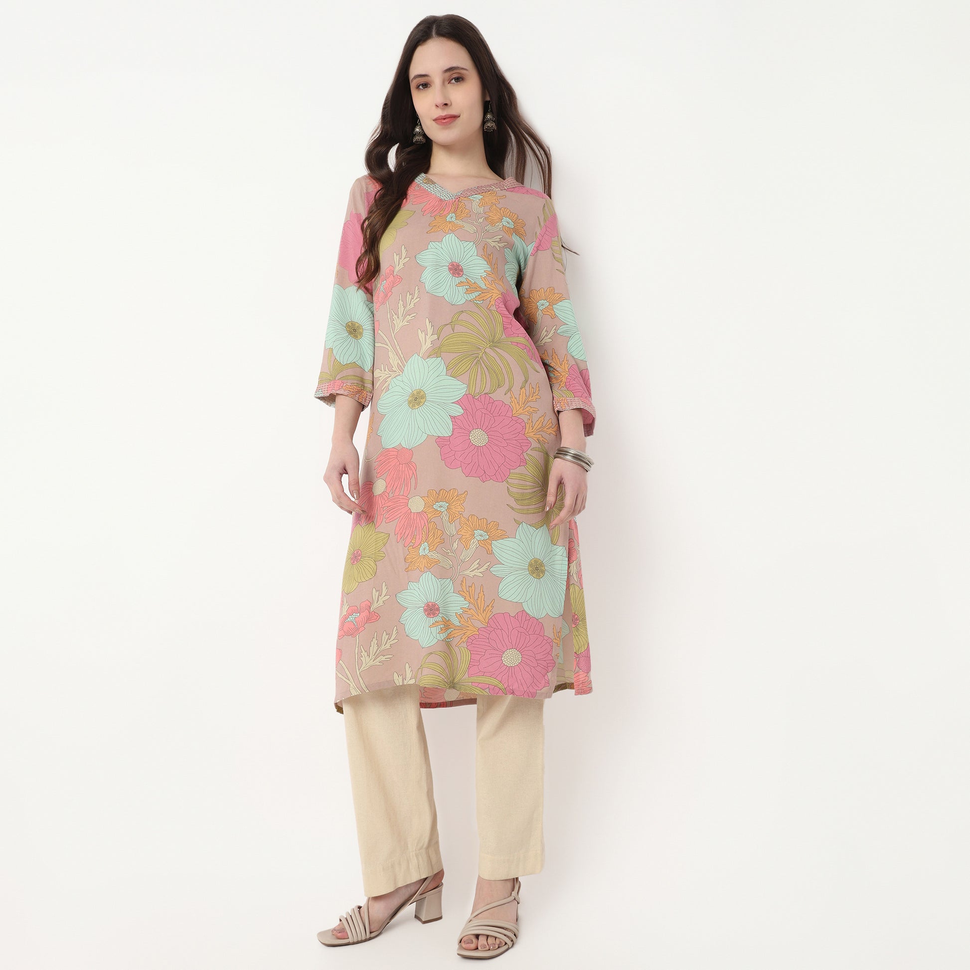 V-Neck Printed Long Kurta