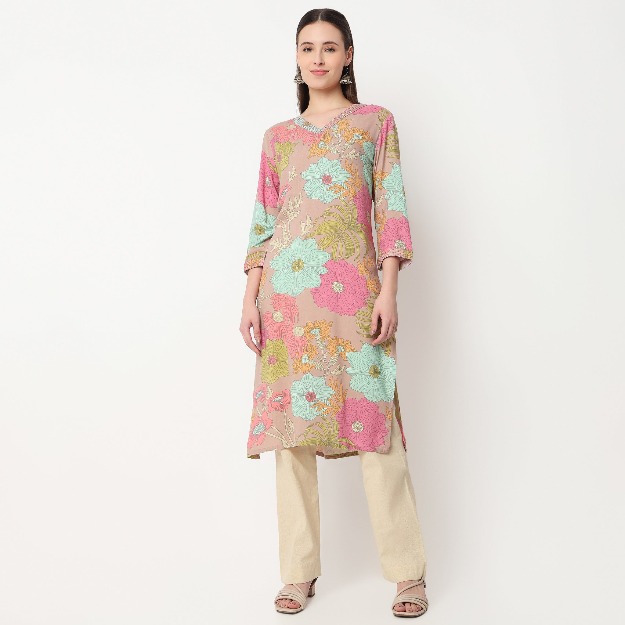 V-Neck Printed Long Kurta