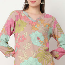 V-Neck Printed Long Kurta