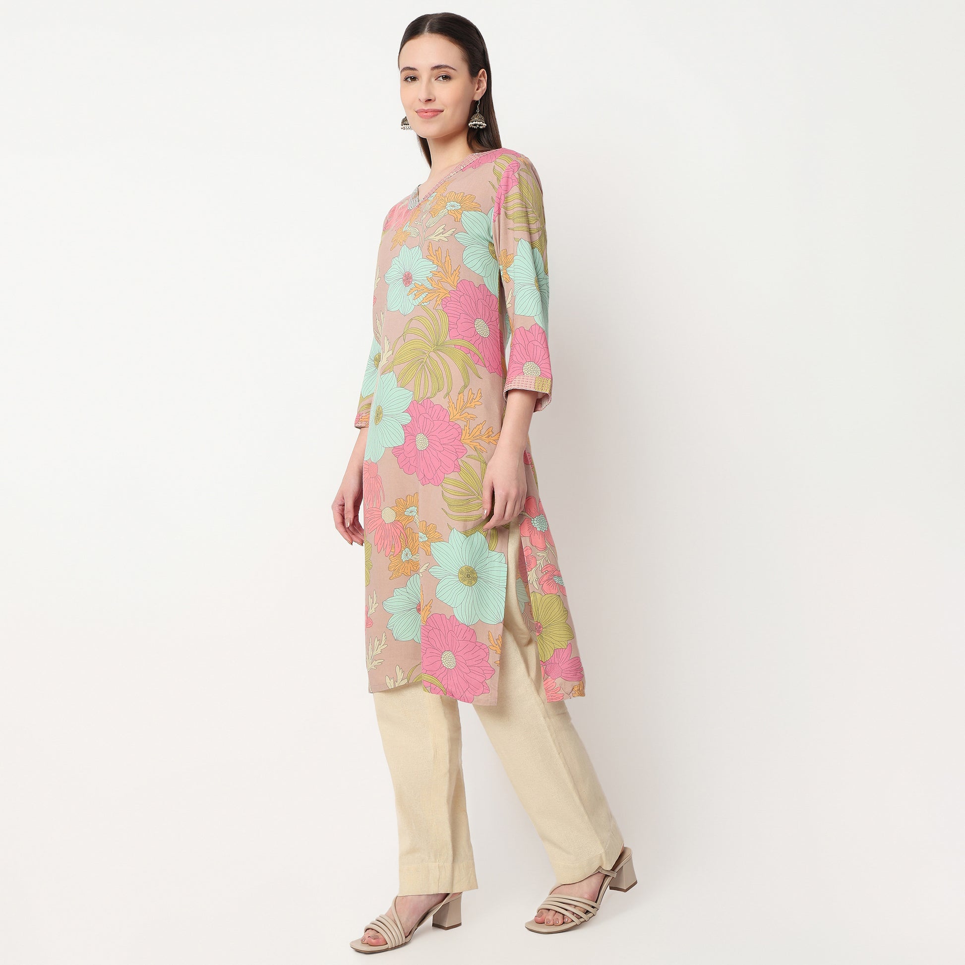 V-Neck Printed Long Kurta