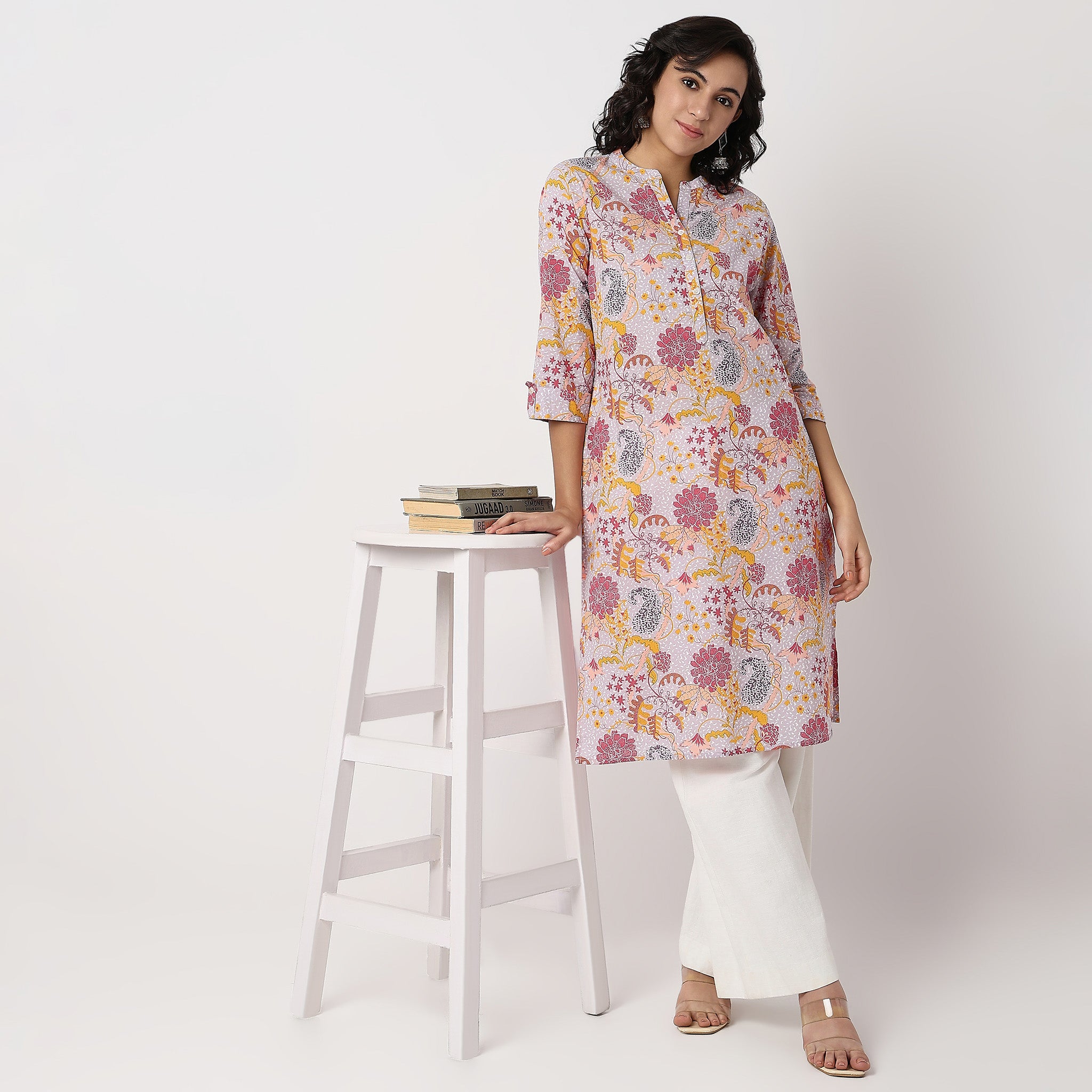 Floral Print Band Neck Half Placket Kurta