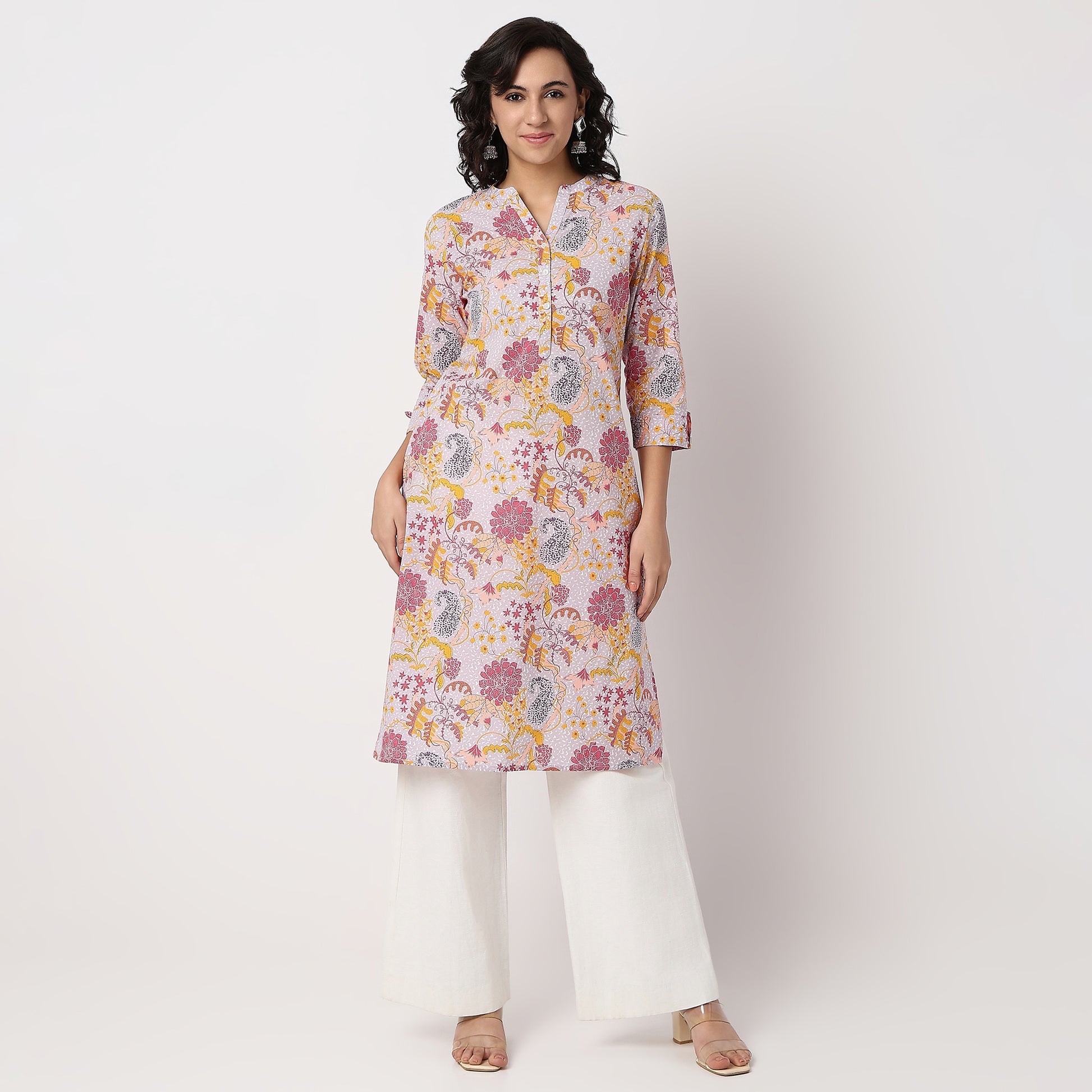 Floral Print Band Neck Half Placket Kurta