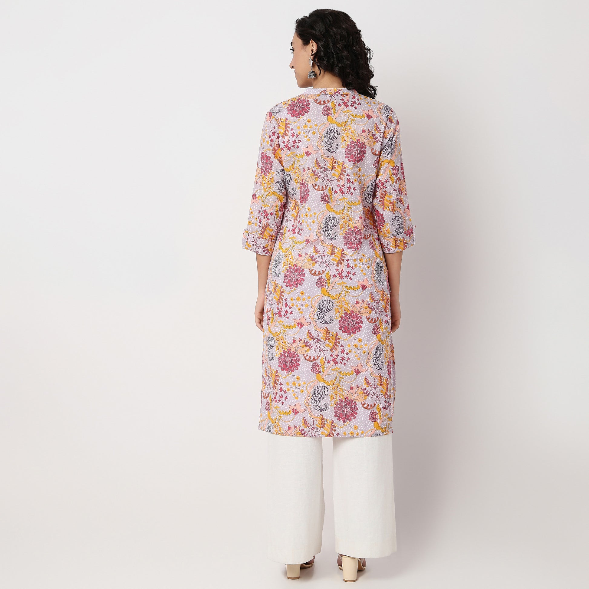 Floral Print Band Neck Half Placket Kurta