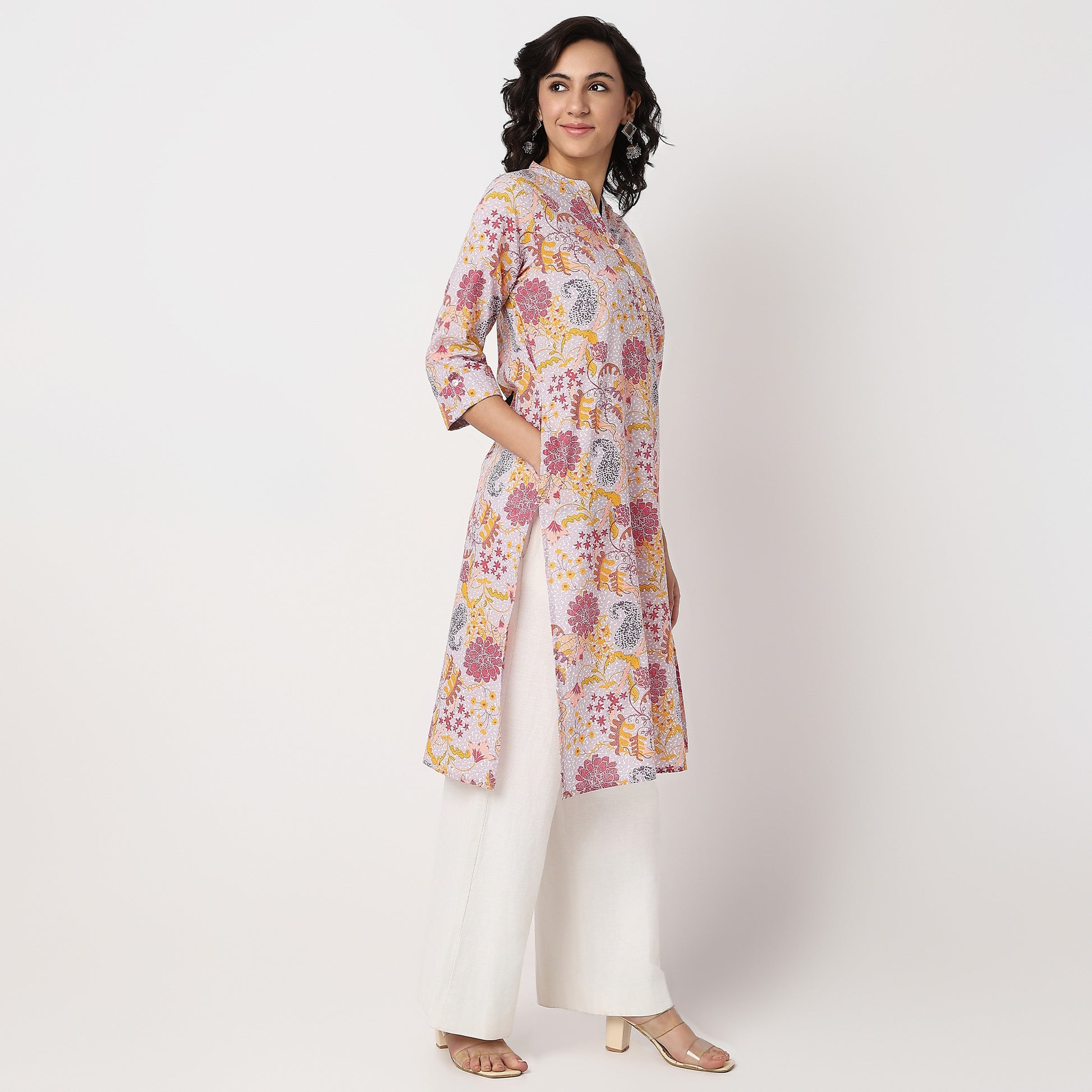 Floral Print Band Neck Half Placket Kurta