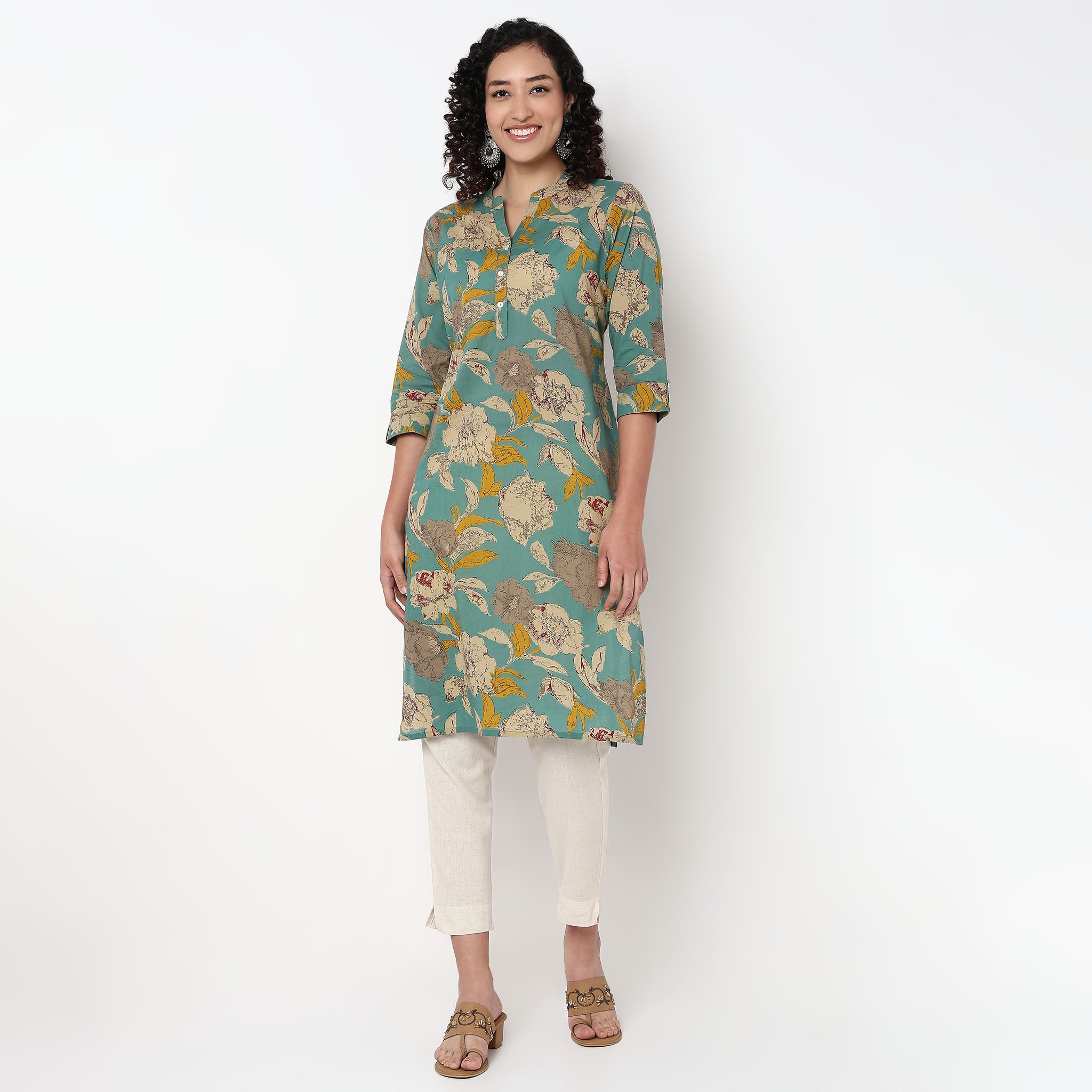 Floral Print Band Neck Half Placket Kurta