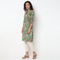 Floral Print Band Neck Half Placket Kurta