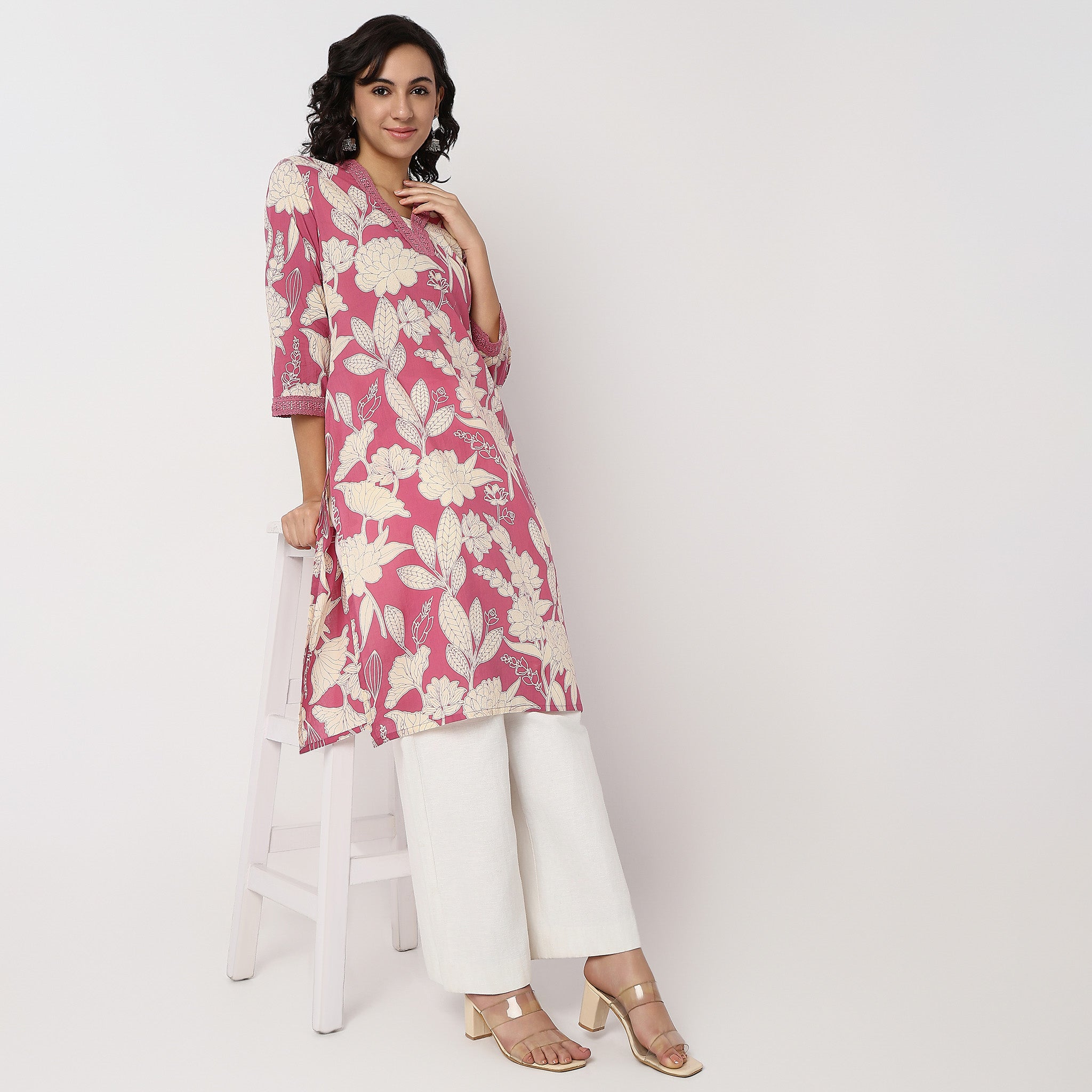 Floral Print V-Neck With Lace DetailKurta