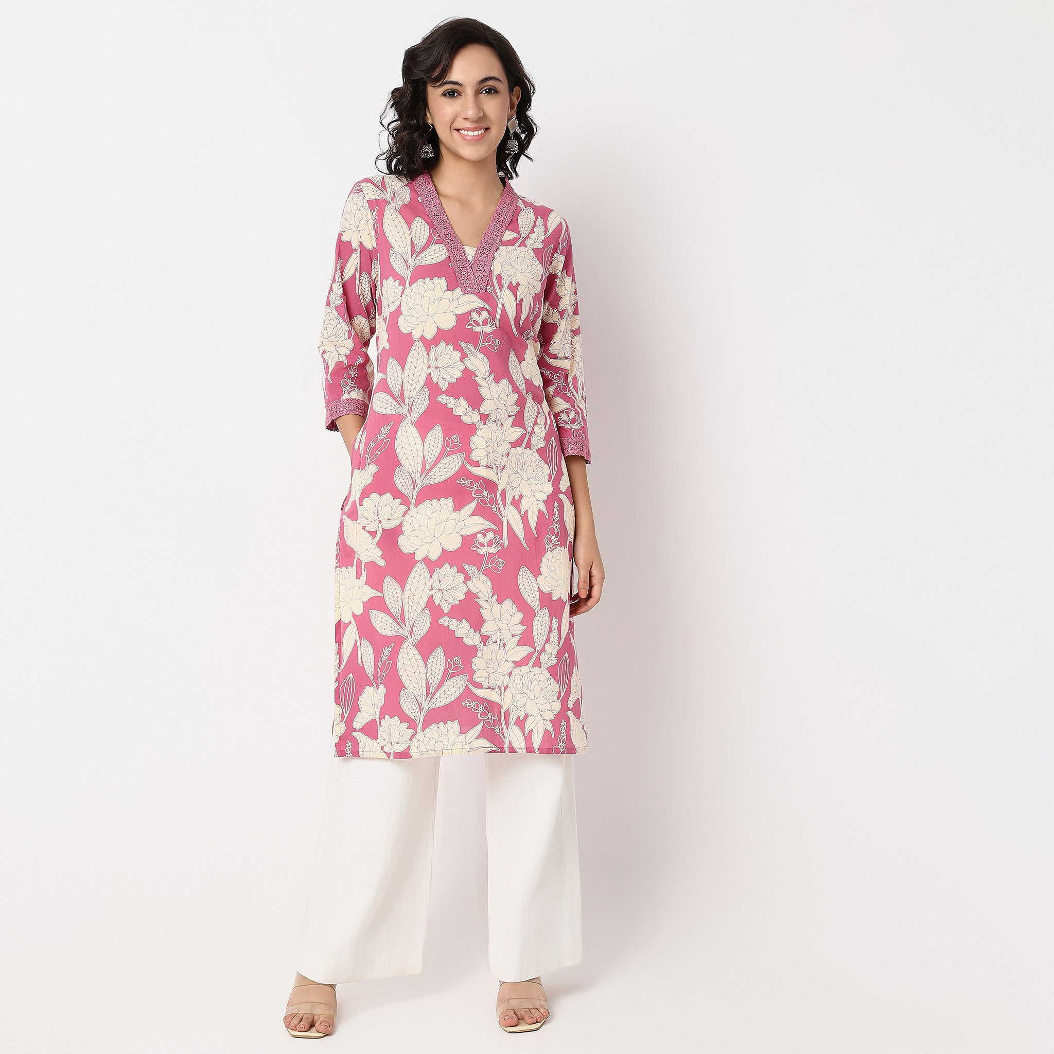 Floral Print V-Neck With Lace DetailKurta