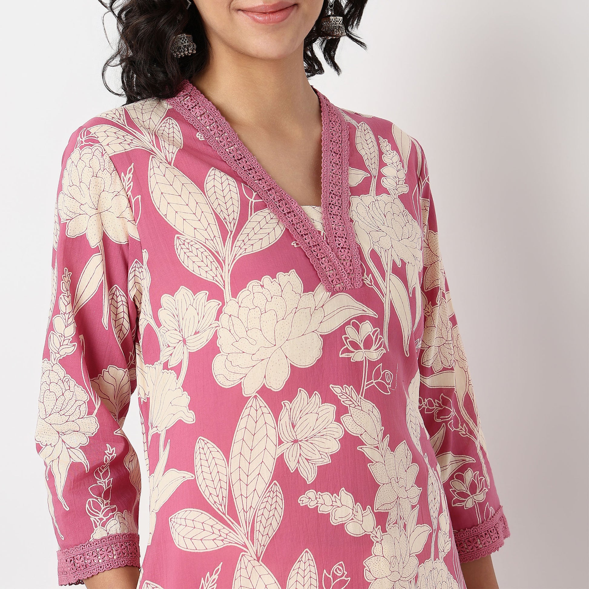 Floral Print V-Neck With Lace DetailKurta