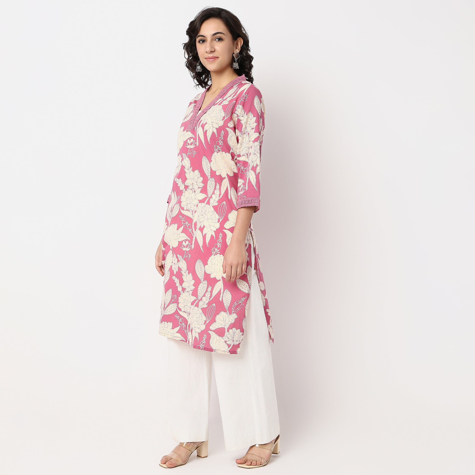 Floral Print V-Neck With Lace DetailKurta