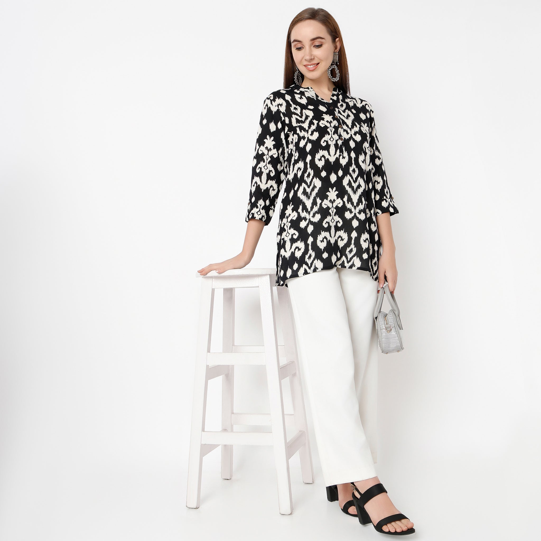 Straight Fit Printed Band Collar Kurta