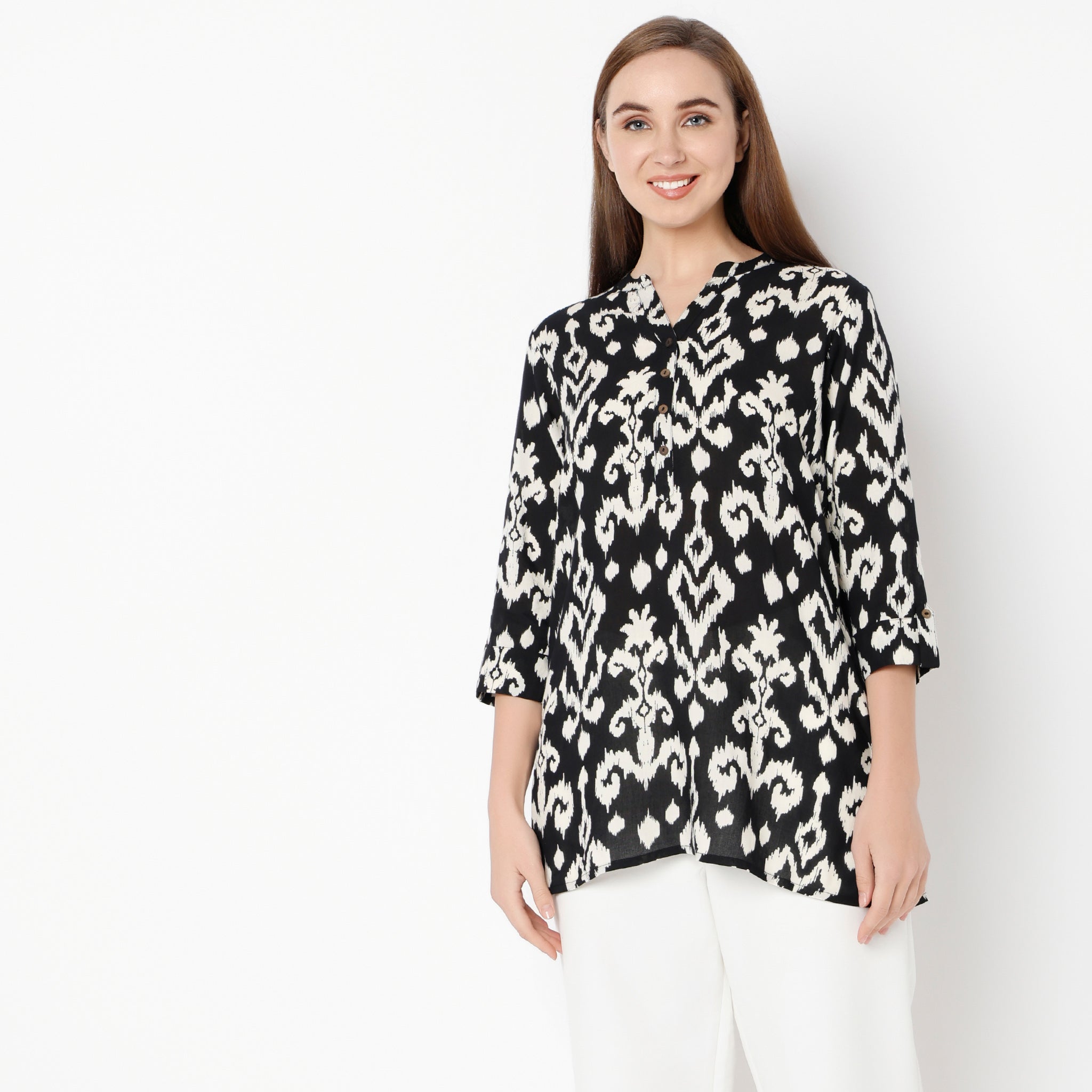 Straight Fit Printed Band Collar Kurta