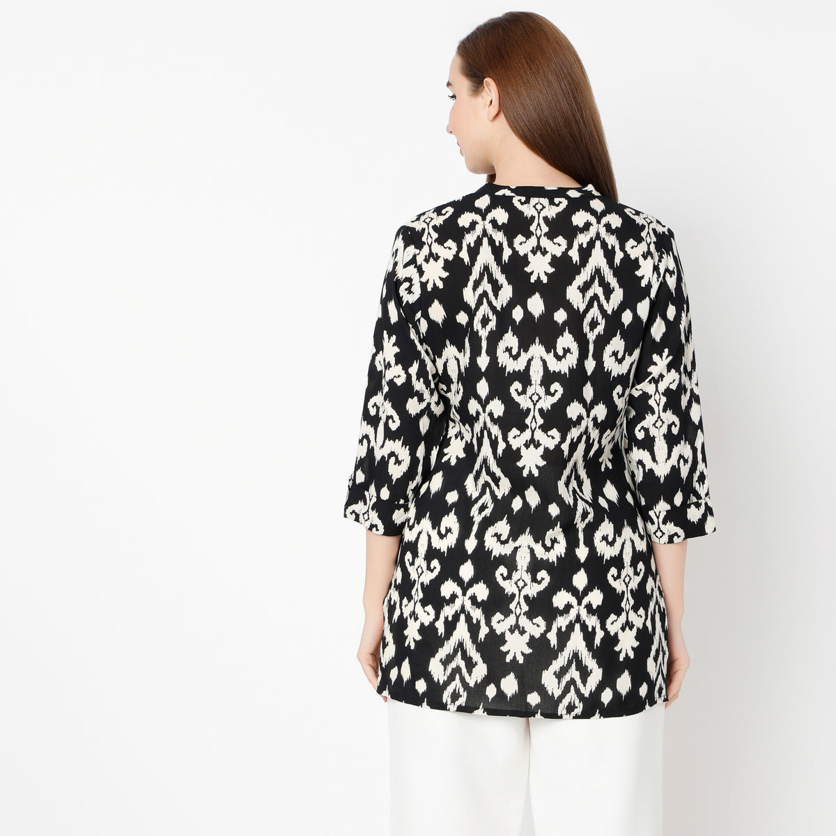 Straight Fit Printed Band Collar Kurta