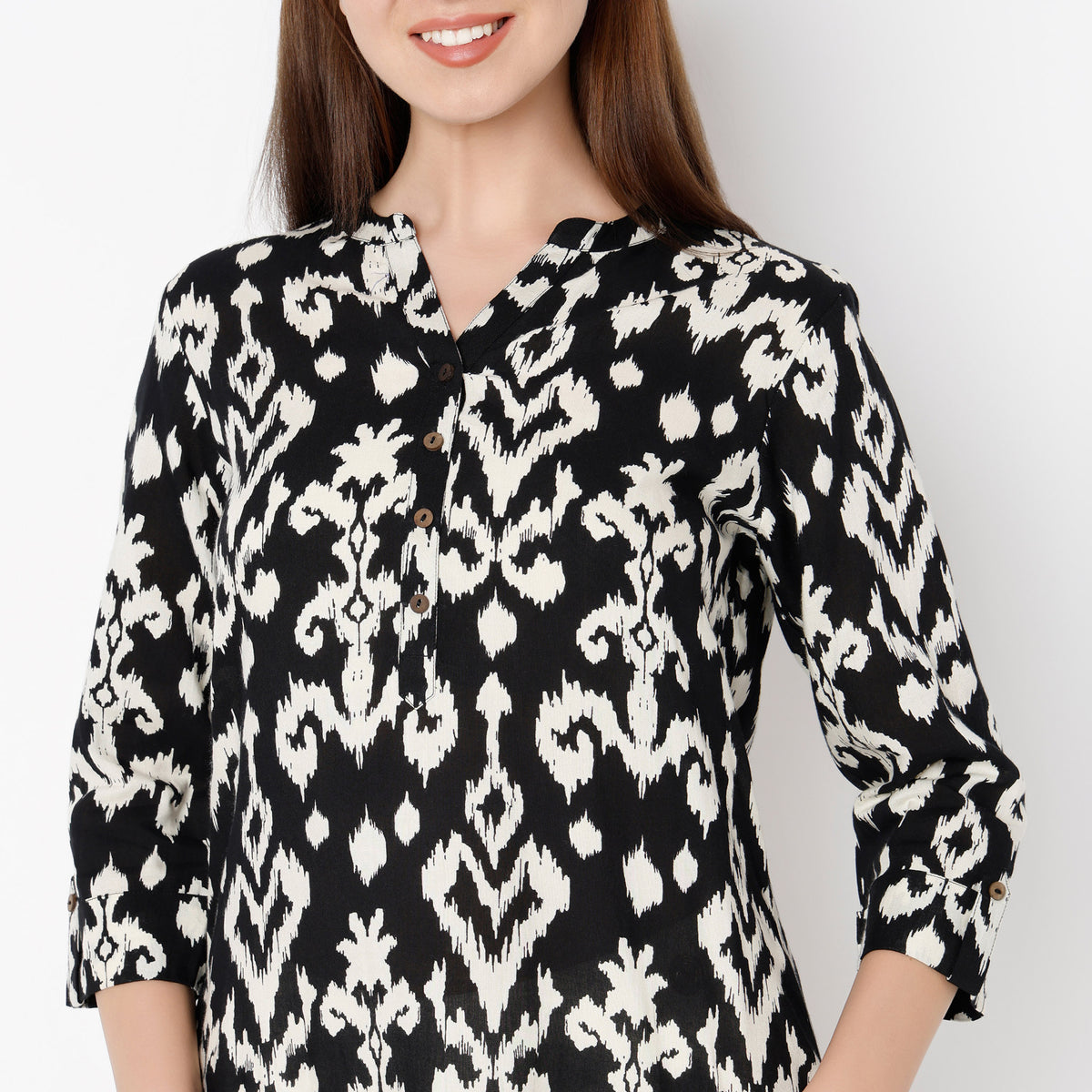 Straight Fit Printed Band Collar Kurta