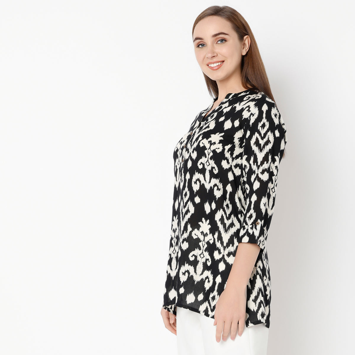 Straight Fit Printed Band Collar Kurta