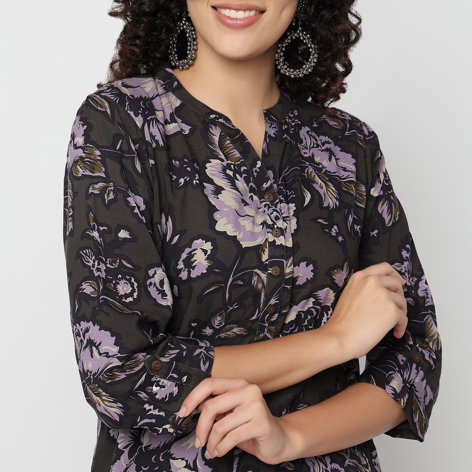 Straight Fit Printed Band Neck Short Kurta