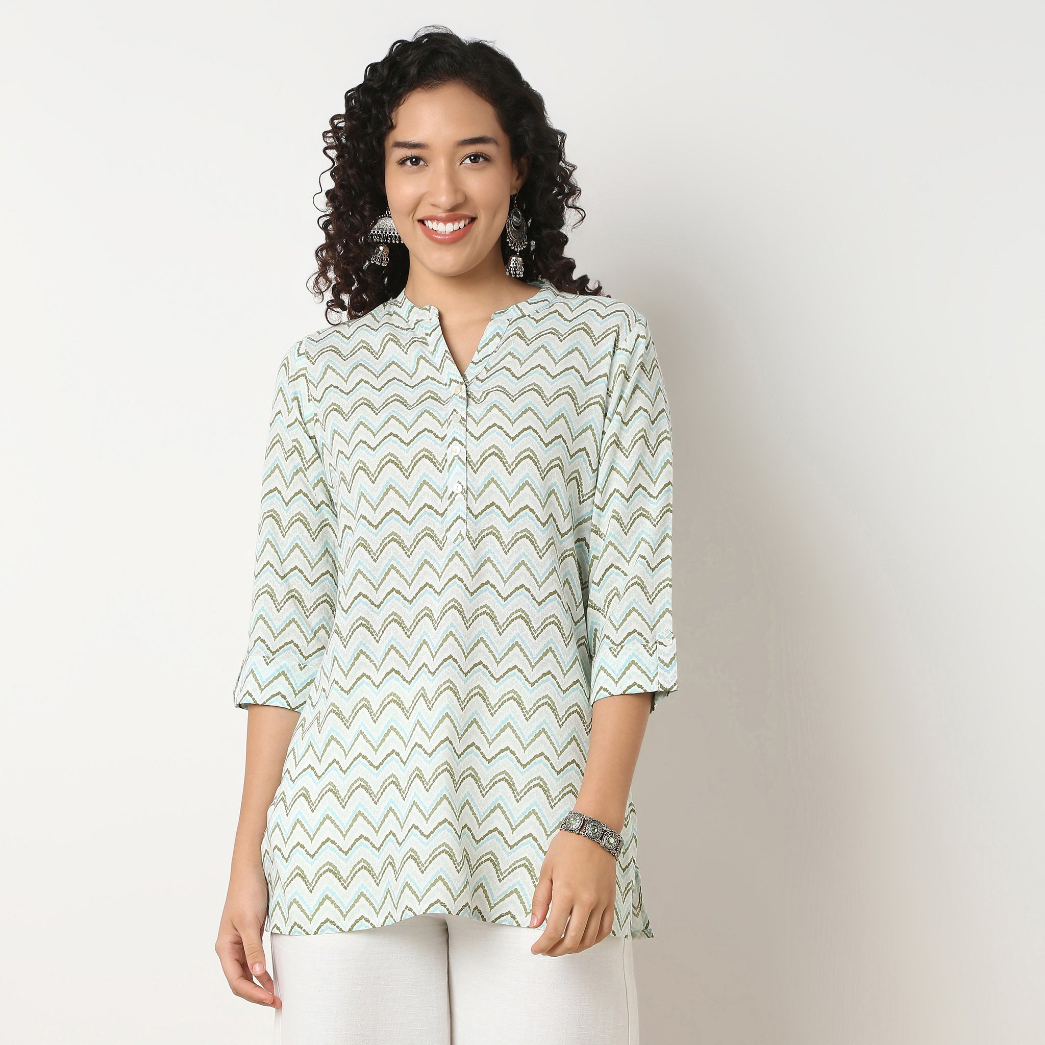 Band Neck Printed Short Kurti