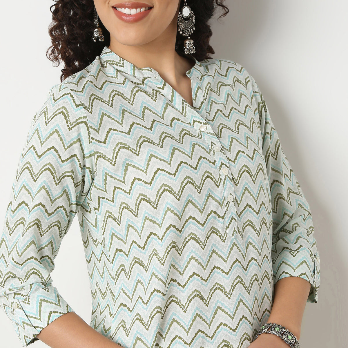Band Neck Printed Short Kurti