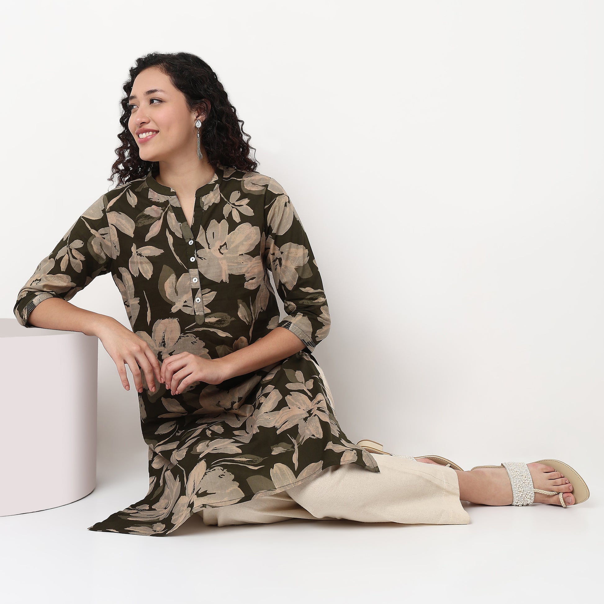 Printed Half Placket Straight Long Kurta