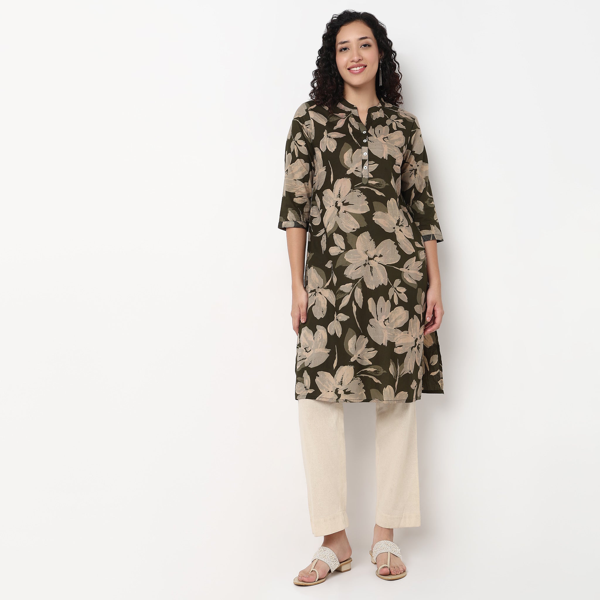 Printed Half Placket Straight Long Kurta