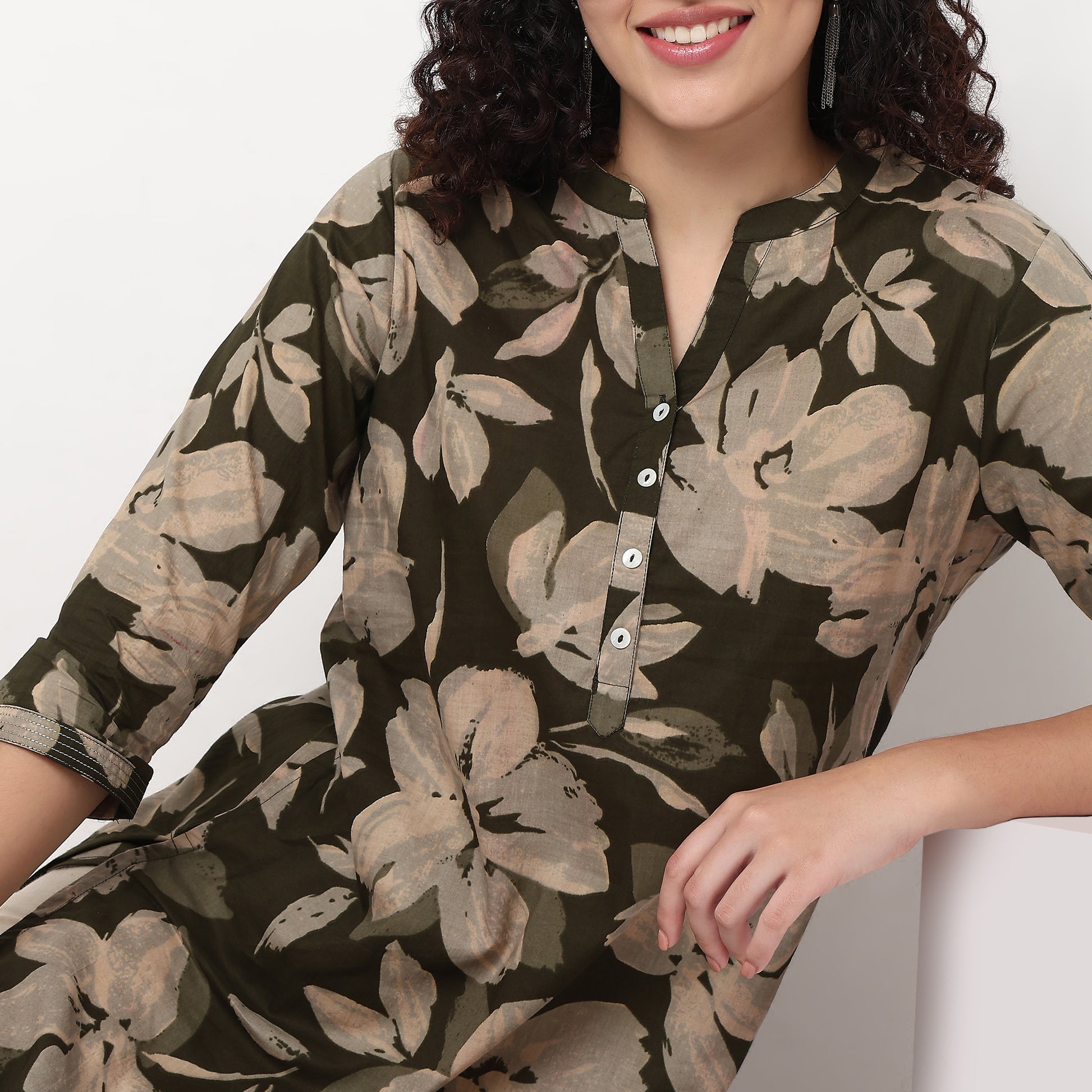 Printed Half Placket Straight Long Kurta